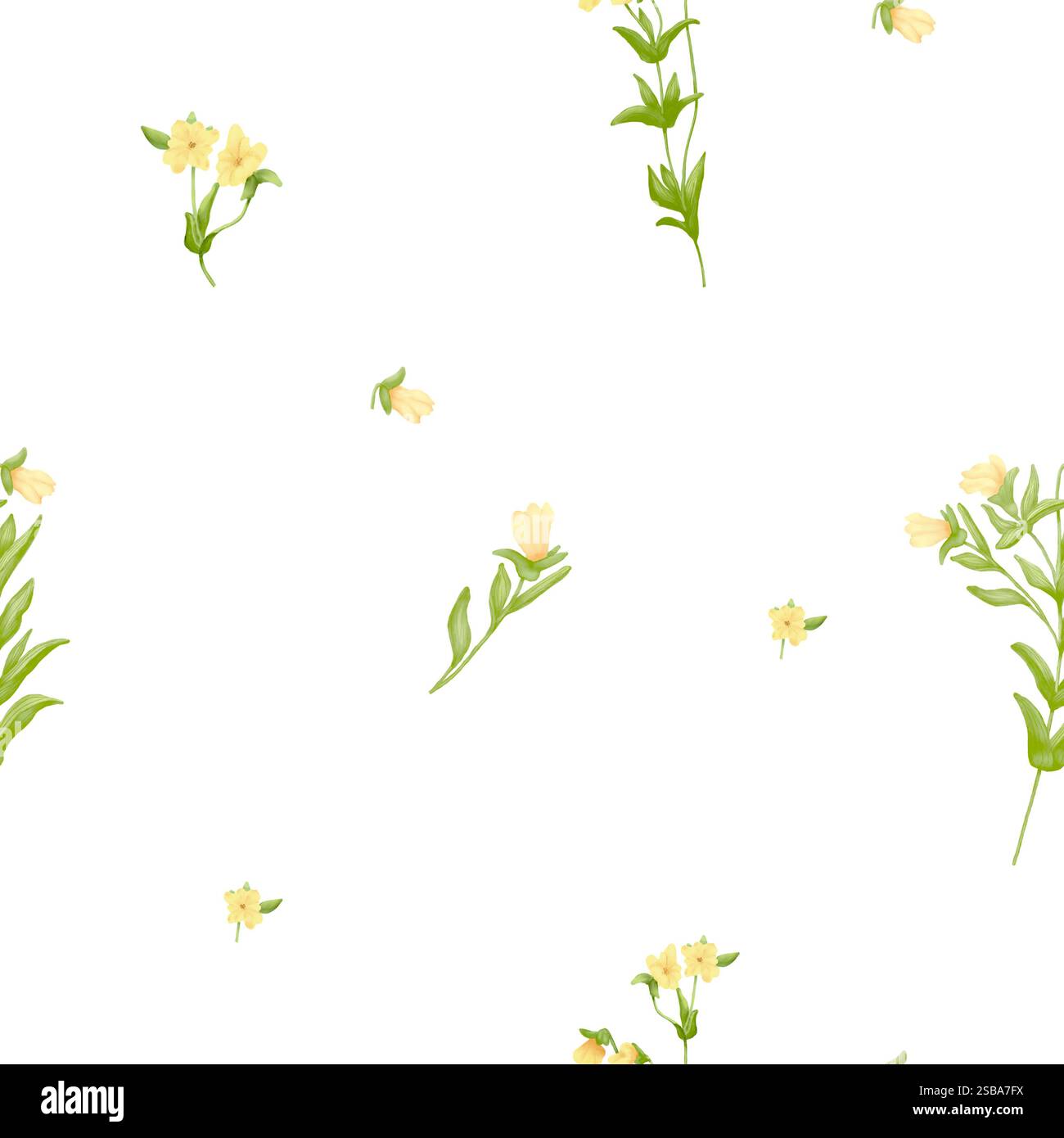 Graziosi fiori gialli e foglie verdi con motivo senza cuciture. Illustrazione digitale acquerello. Fiori di prato e foglie delicate isolate su fondo bianco Foto Stock