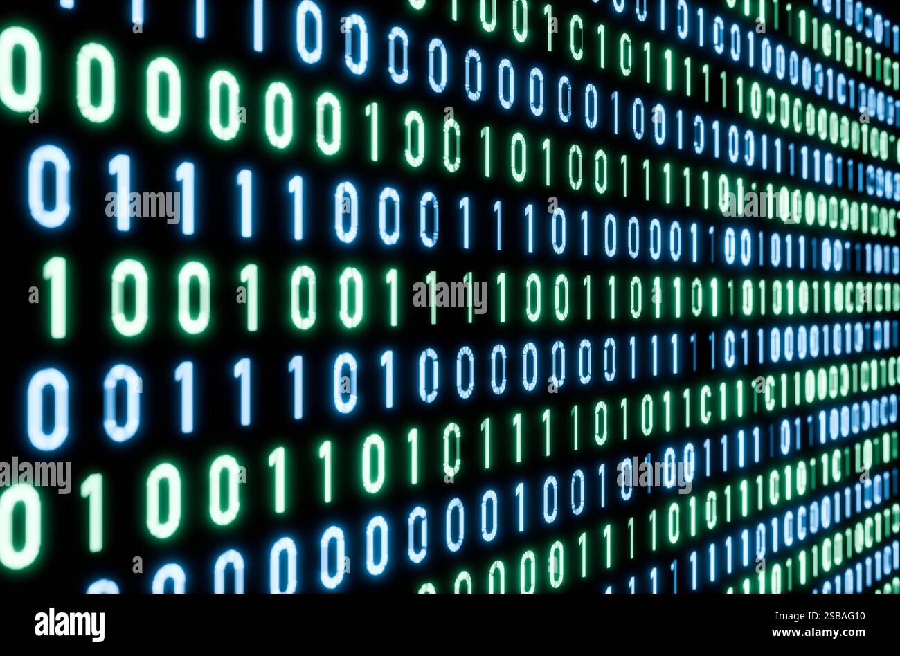 Bit e byte, codice binario, programma per computer. Bit e byte, codice binario, programma per computer. Software, rete, big data, codifica, informazioni e tecnologia blockchain, configurazione. Illustrazione 3D img Technology 028s01 binary code Foto Stock