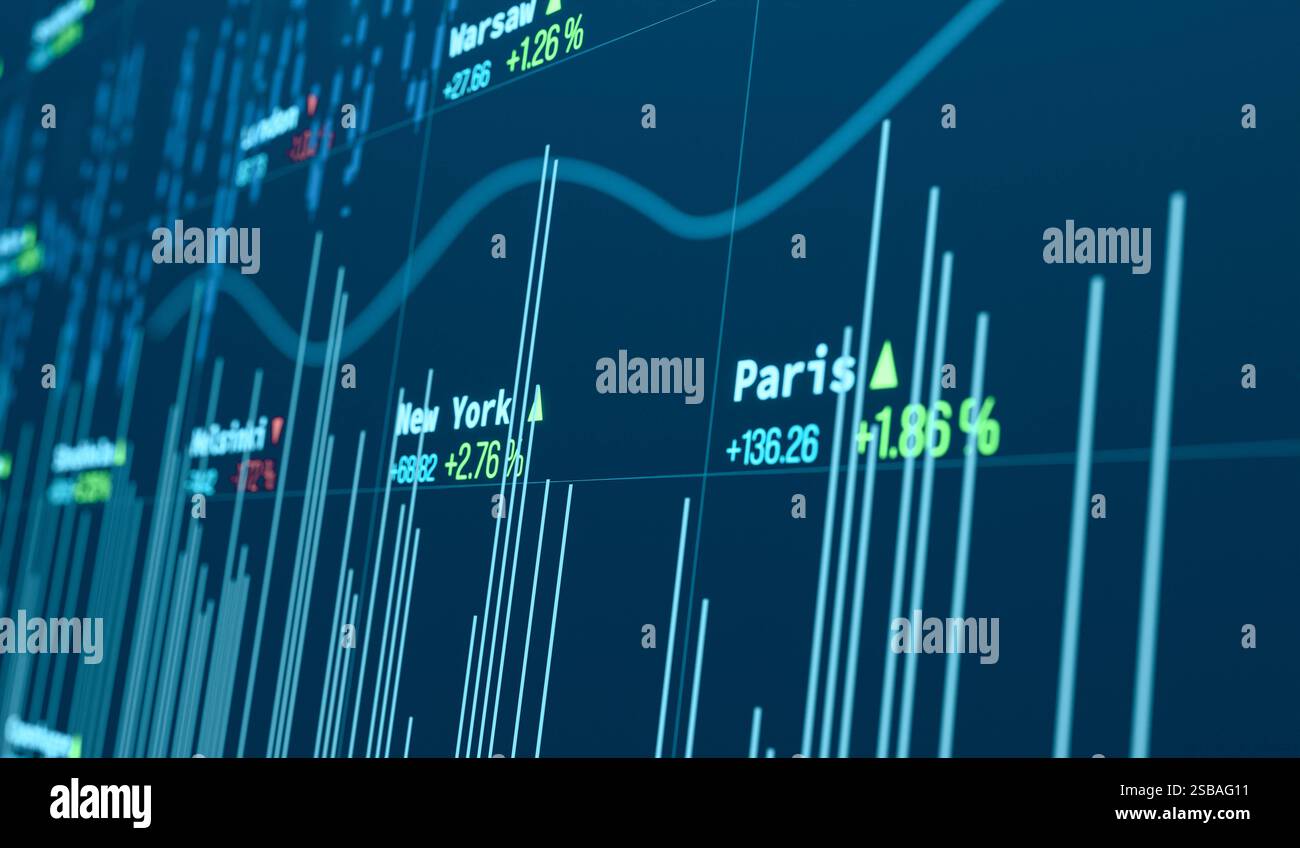 Schermata ravvicinata con dati sul mercato azionario, linee, grafico e grafico a barre. img stock market073s06 abstract market data concept Foto Stock