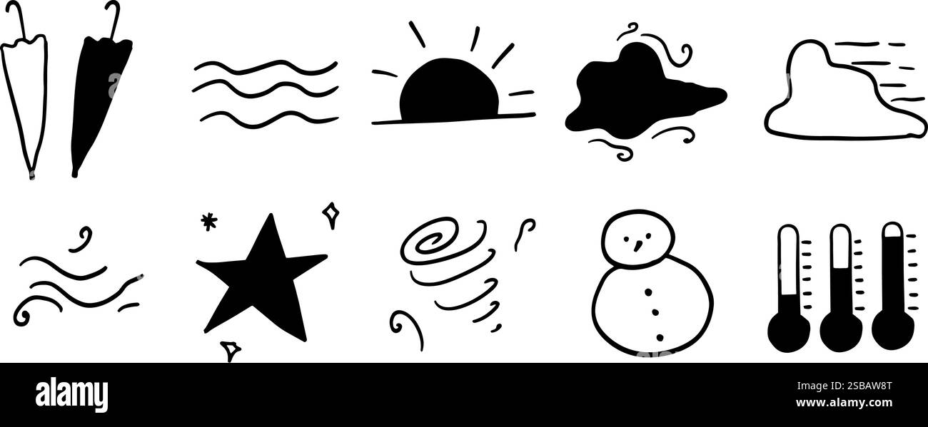 Icone meteo minimaliste: Set di illustrazioni previsione disegnate a mano Illustrazione Vettoriale