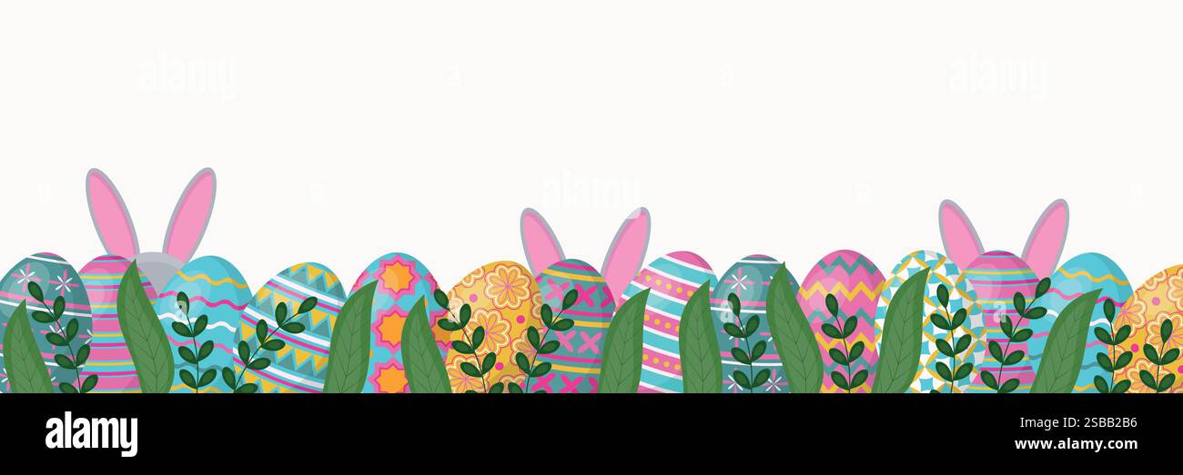 Sfondo pasquale con uova colorate, piante e orecchie da coniglio. Illustrazione Vettoriale