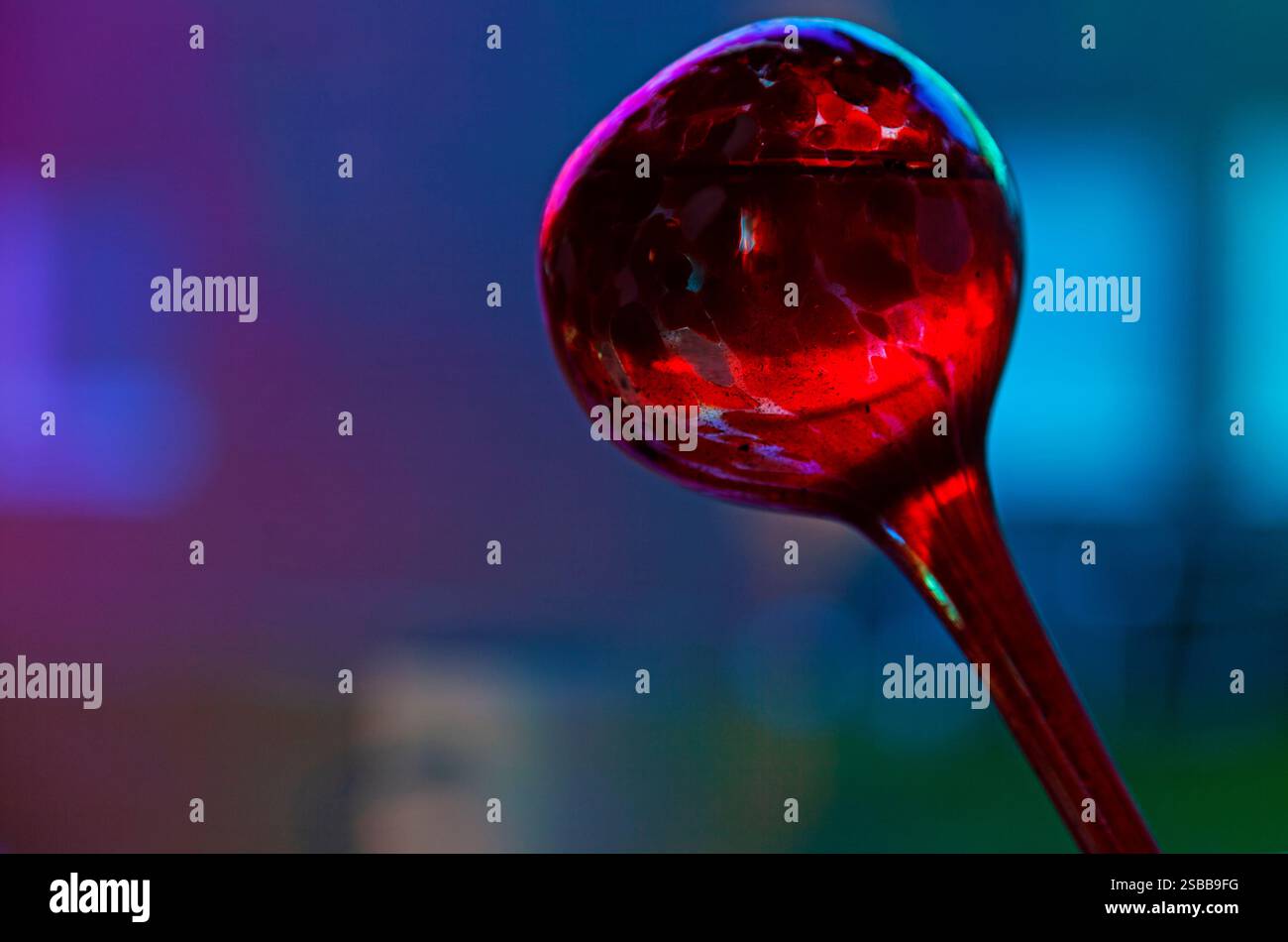Un'impressionante fotografia macro cattura una singola goccia d'acqua rossa sospesa su uno sfondo blu sfocato, creando un'affascinante interazione di colori Foto Stock