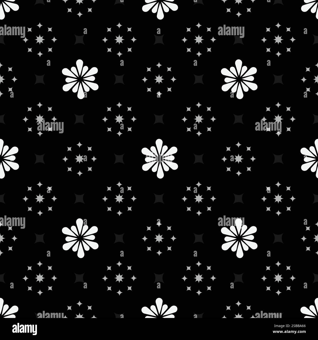 Questo elegante sfondo nero presenta eleganti motivi floreali bianchi, ideali per l'arredamento moderno e vari tessuti Illustrazione Vettoriale