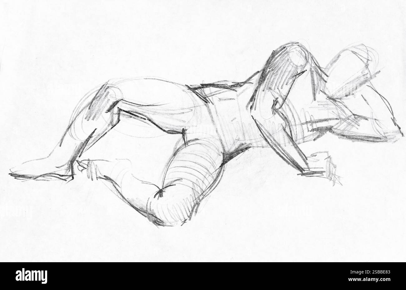 schizzo della vista frontale di un modello maschile disteso su un lato con la testa appoggiata sul gomito disegnato a mano con matita nera su carta bianca Foto Stock