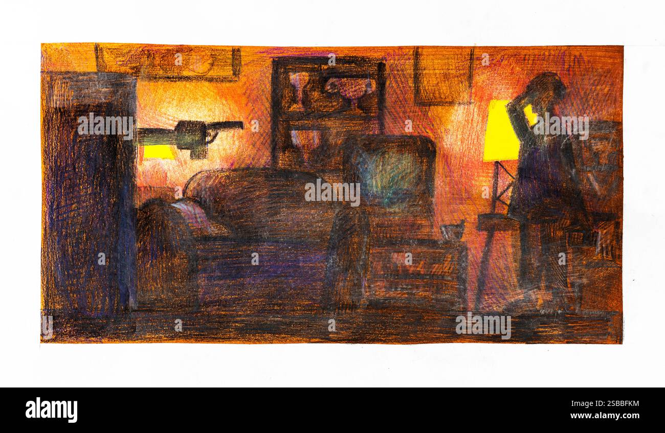il criminale spara all'uomo con la pistola dal mobile in camera oscura, disegnato a mano con matite colorate su carta bianca Foto Stock