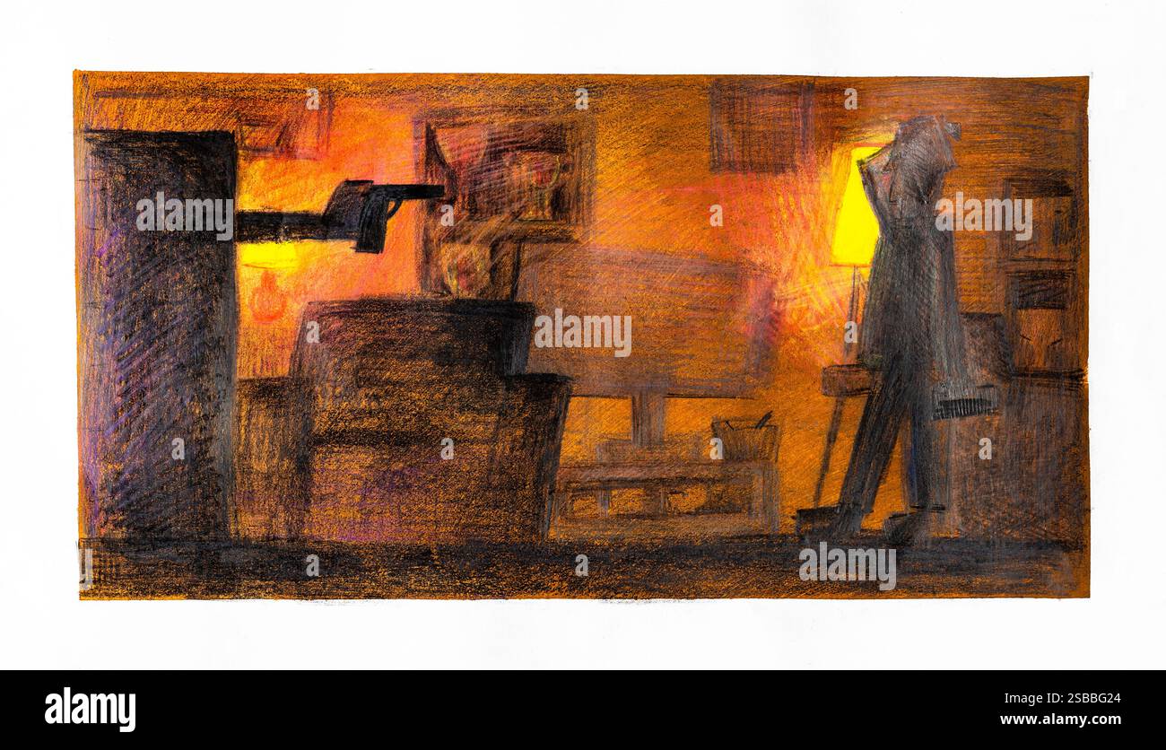 la mano con la pistola del mobile spara all'uomo in una stanza buia, disegnata a mano con matite colorate su carta bianca Foto Stock