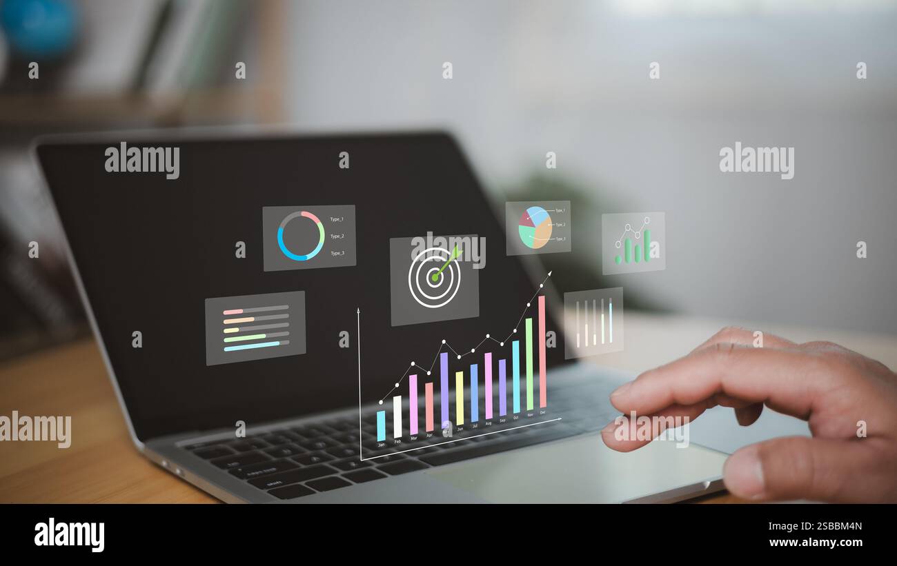 Analisi aziendale con indicatori chiave di prestazioni, analisi della rete aziendale, analisi dei dati di lavoro e sistemi di gestione dei dati e connessione a COR Foto Stock