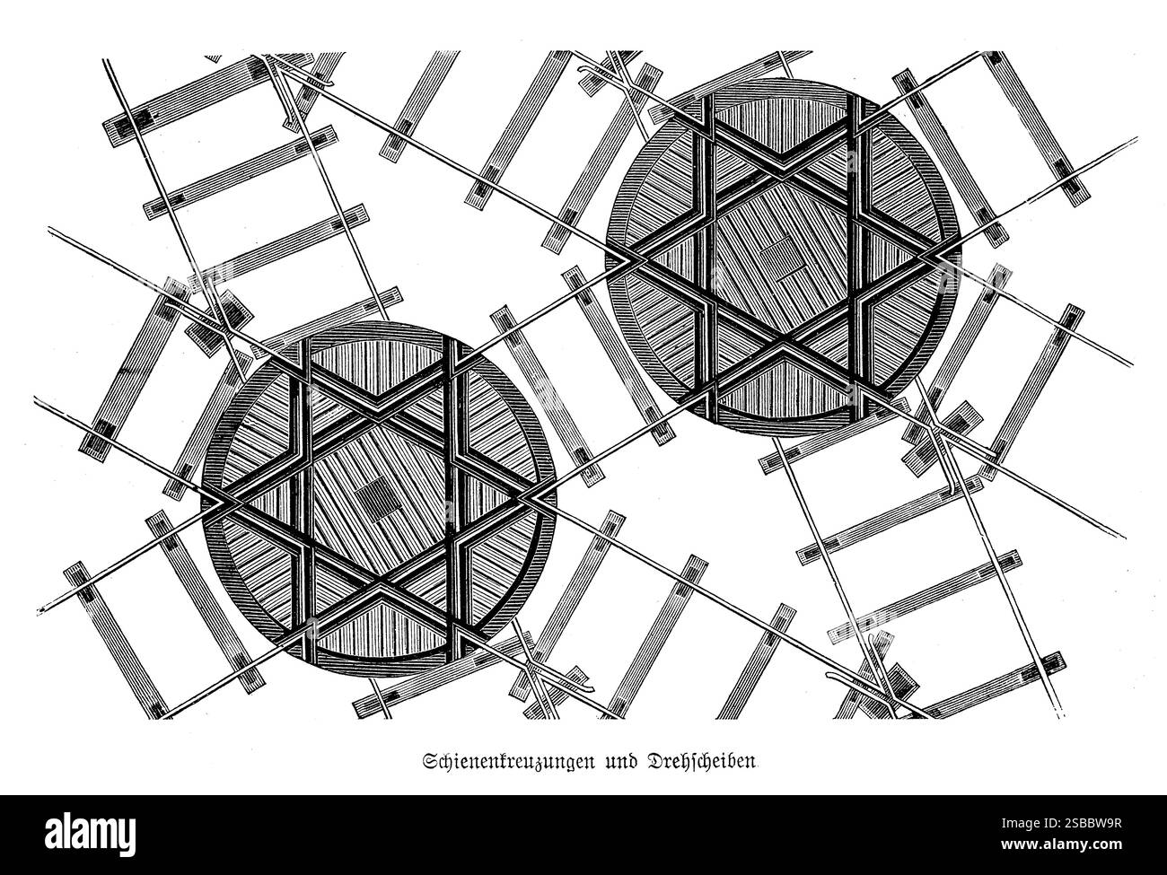 i complessi dettagli dell'infrastruttura ferroviaria, con attraversamenti di sentieri e piattaforme girevoli. L'immagine evidenzia la meticolosa progettazione necessaria per gestire la convergenza e la divergenza di più tracce. Sono raffigurati meccanismi dettagliati per la commutazione e la rotazione delle piattaforme, che illustrano l'ingegnosità della tecnologia ferroviaria dell'era. La precisione delle guide in ferro, delle fascette in legno e delle leve ad azionamento manuale conferisce la dedizione a garantire operazioni dei treni efficienti e sicure, catturando un momento cruciale nell'evoluzione del trasporto Foto Stock