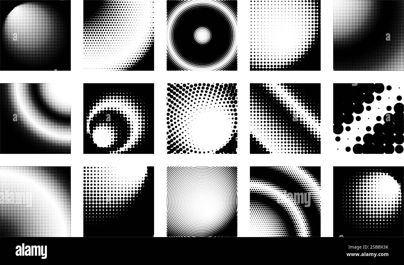 Una collezione di striscioni a punti a mezza tonalità in bianco e nero. Illustrazione vettoriale Illustrazione Vettoriale