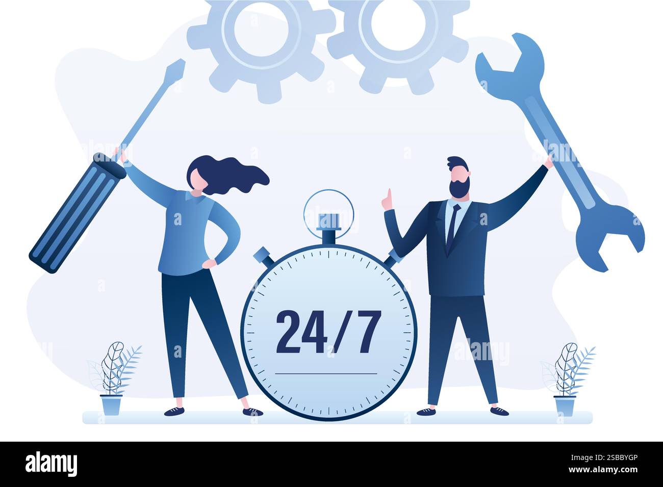 Banner per il supporto tecnico e il concetto di riparazione. Gli uomini d'affari trattengono cacciavite e chiave. Aiuto 24 ore, grande orologio. Dipendenti o dipendenti soddisfatti con lo strumento Illustrazione Vettoriale