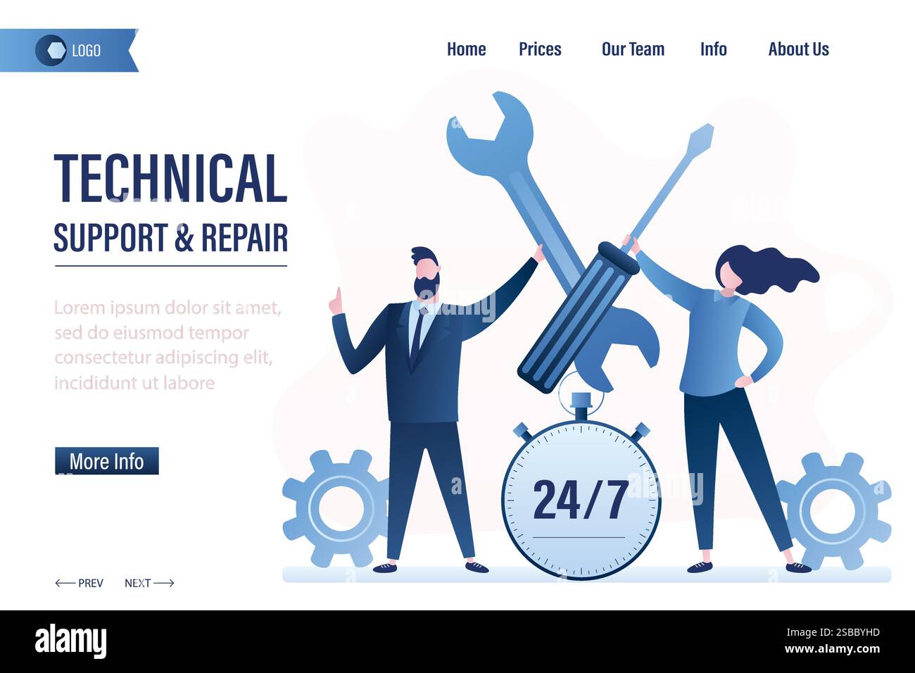 Modello di landing page per assistenza tecnica e riparazione. Gli uomini d'affari trattengono cacciavite e chiave. Guida 24 ore su 24 banner concettuale. Grande orologio e spirito felice Illustrazione Vettoriale