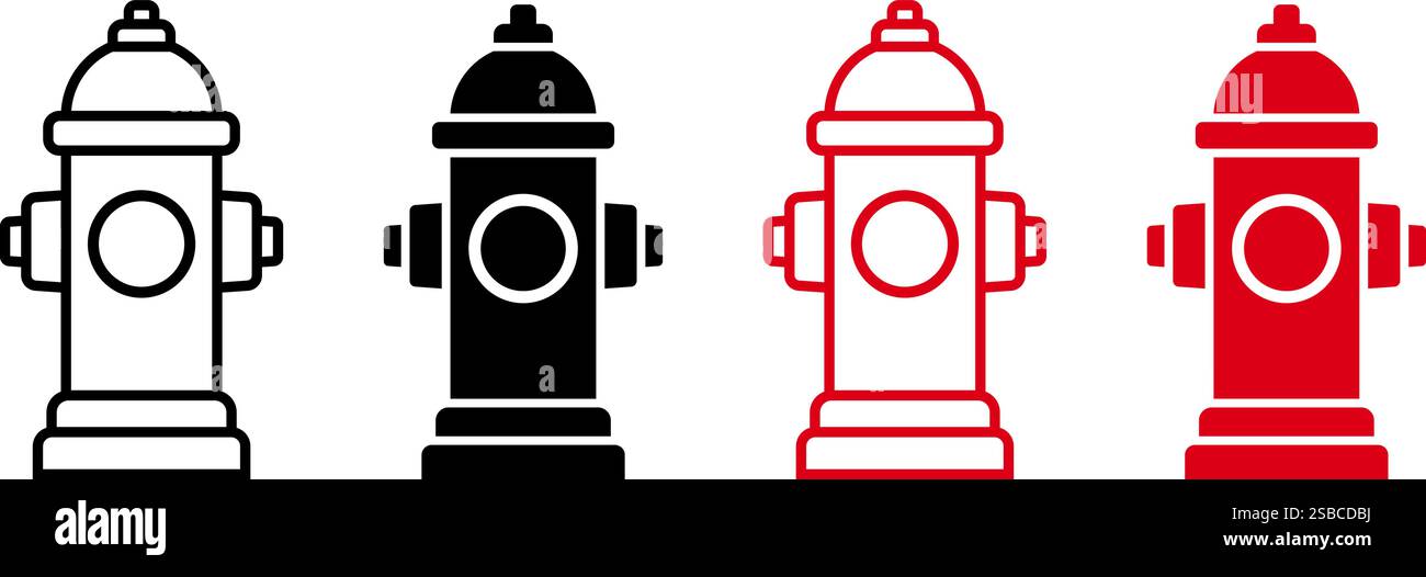 Idrante antincendio varianti semplici in stile icona. Icona di linea e silhouette continua, nero e rosso. Segnale di accesso all'acqua di emergenza per i vigili del fuoco. Illustrazione Vettoriale