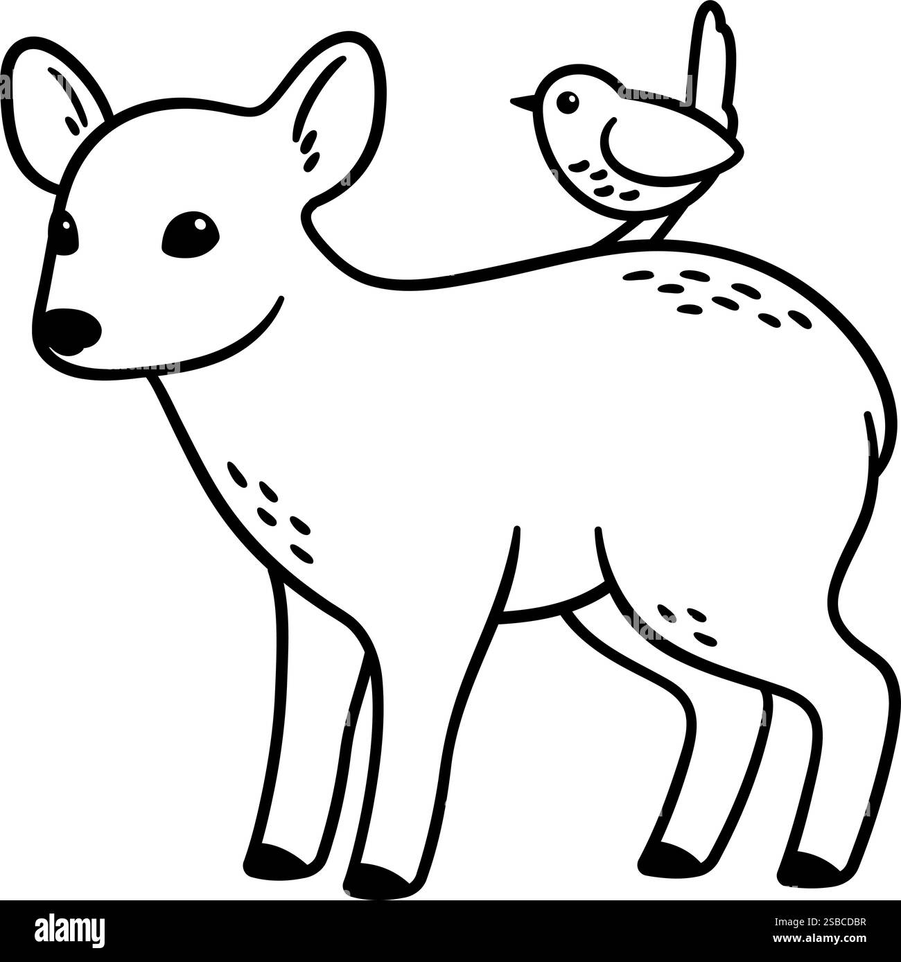 Il cervo Pudu e l'uccello Chucao, simboli della fauna selvatica del Cile. Disegno di linee in bianco e nero. Simpatica illustrazione vettoriale dei cartoni animati. Illustrazione Vettoriale