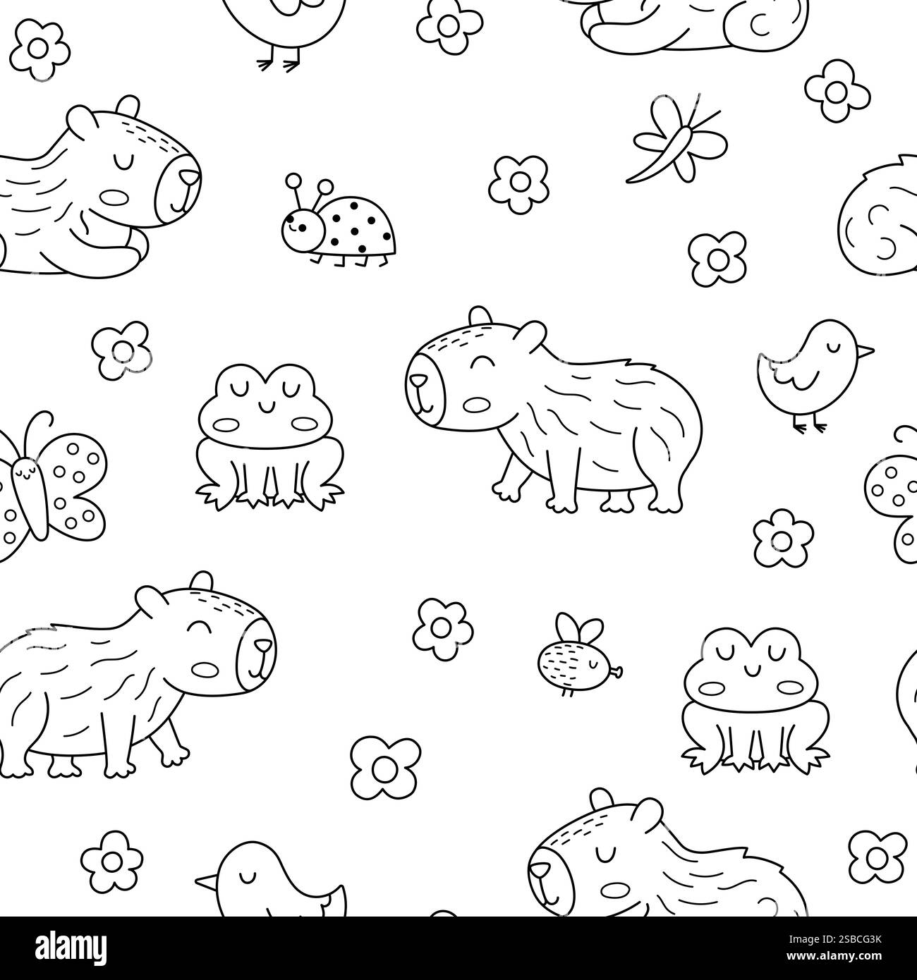 Motivo Vector bianco e nero capybara senza cuciture. Linea carina capibara ripetizione sfondo con rana, uccello, fiore, farfalla, mosca, bug. Divertente papa' digitale Illustrazione Vettoriale