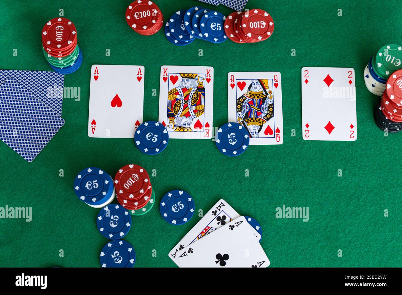 Veduta aerea di una partita di poker con carte comuni, chip di poker e una forte mano di asso e re dei club. Il tavolo è coperto da un tappetino verde Foto Stock