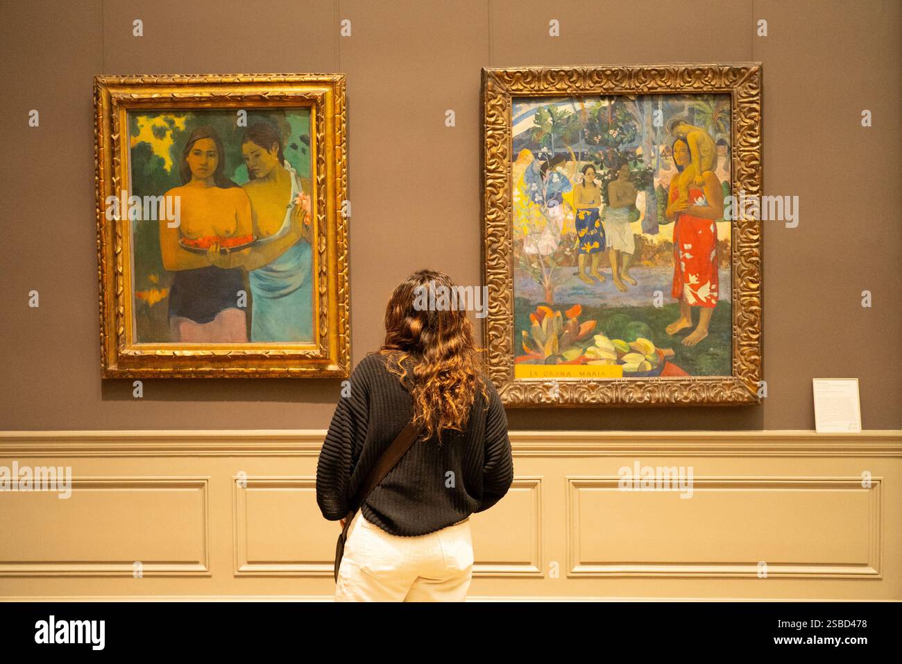 "IA Orana Maria (Ave Maria)," (R) 1891, & "Two Tahitian Women, (L) 1899, Paul Gauguin, francese, olio su tela, gallerie europee, Metropolitan Museum of Art, New York City. , Foto Stock