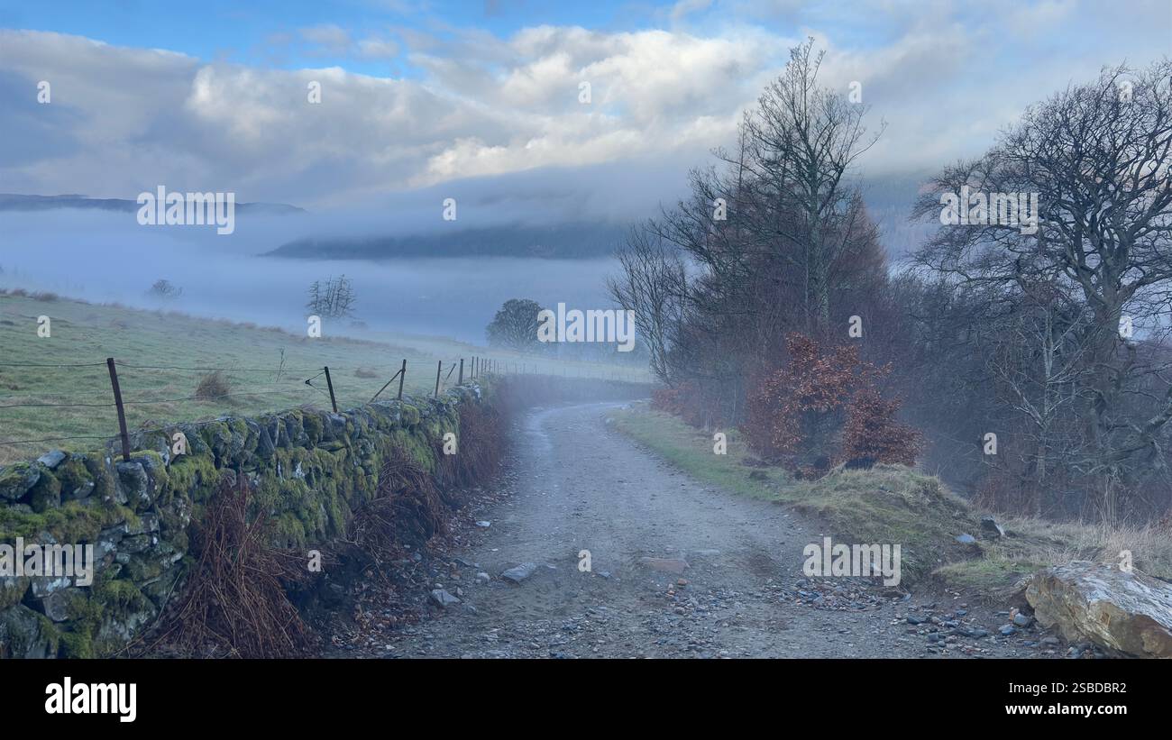 Paesaggio collinare scozzese con vista su una strada agricola nella natura selvaggia - Immagine stock catturata con smartphone