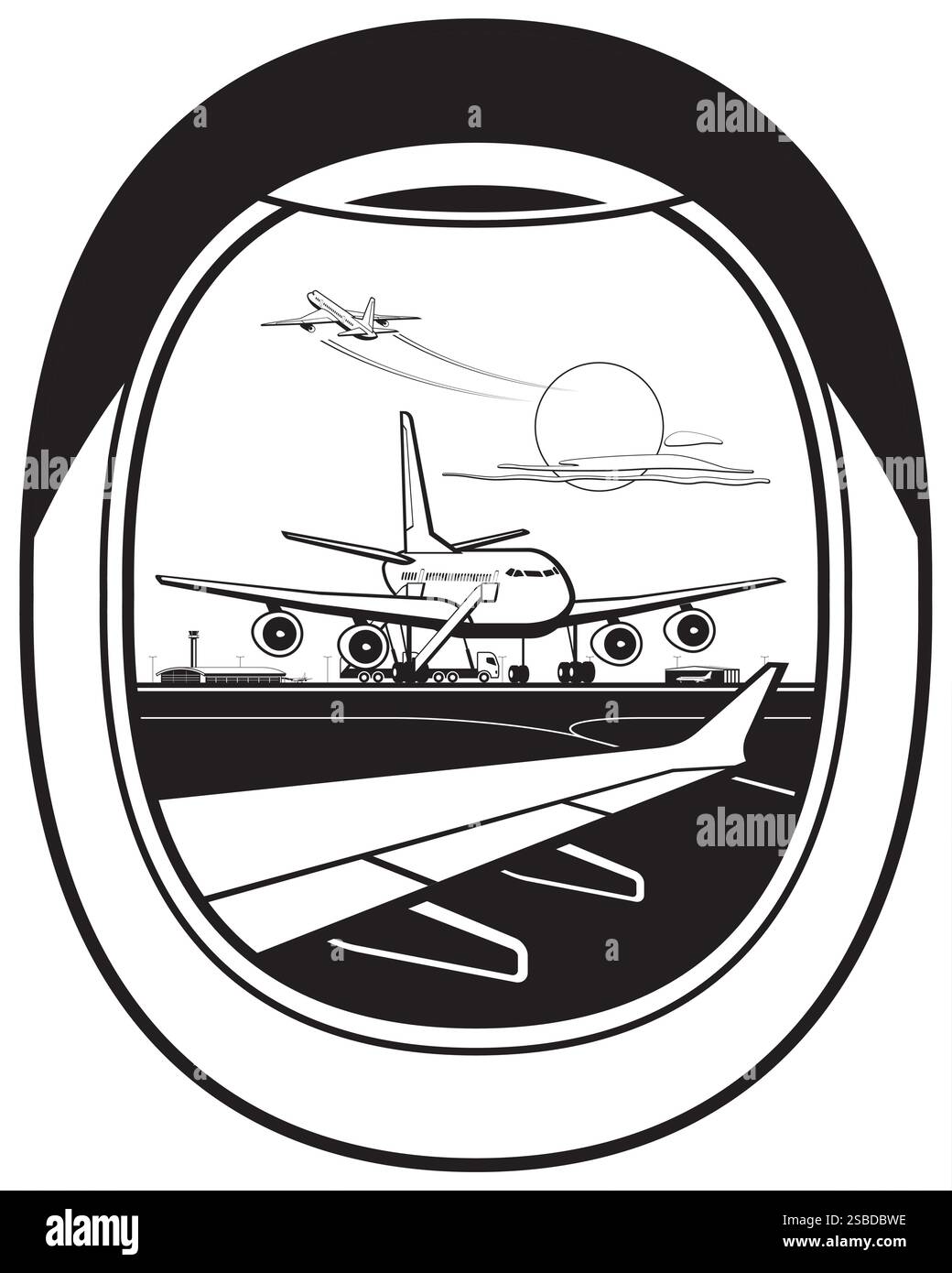 Vista della pista dell'aeroporto dal finestrino dell'aeromobile - illustrazione vettoriale Illustrazione Vettoriale