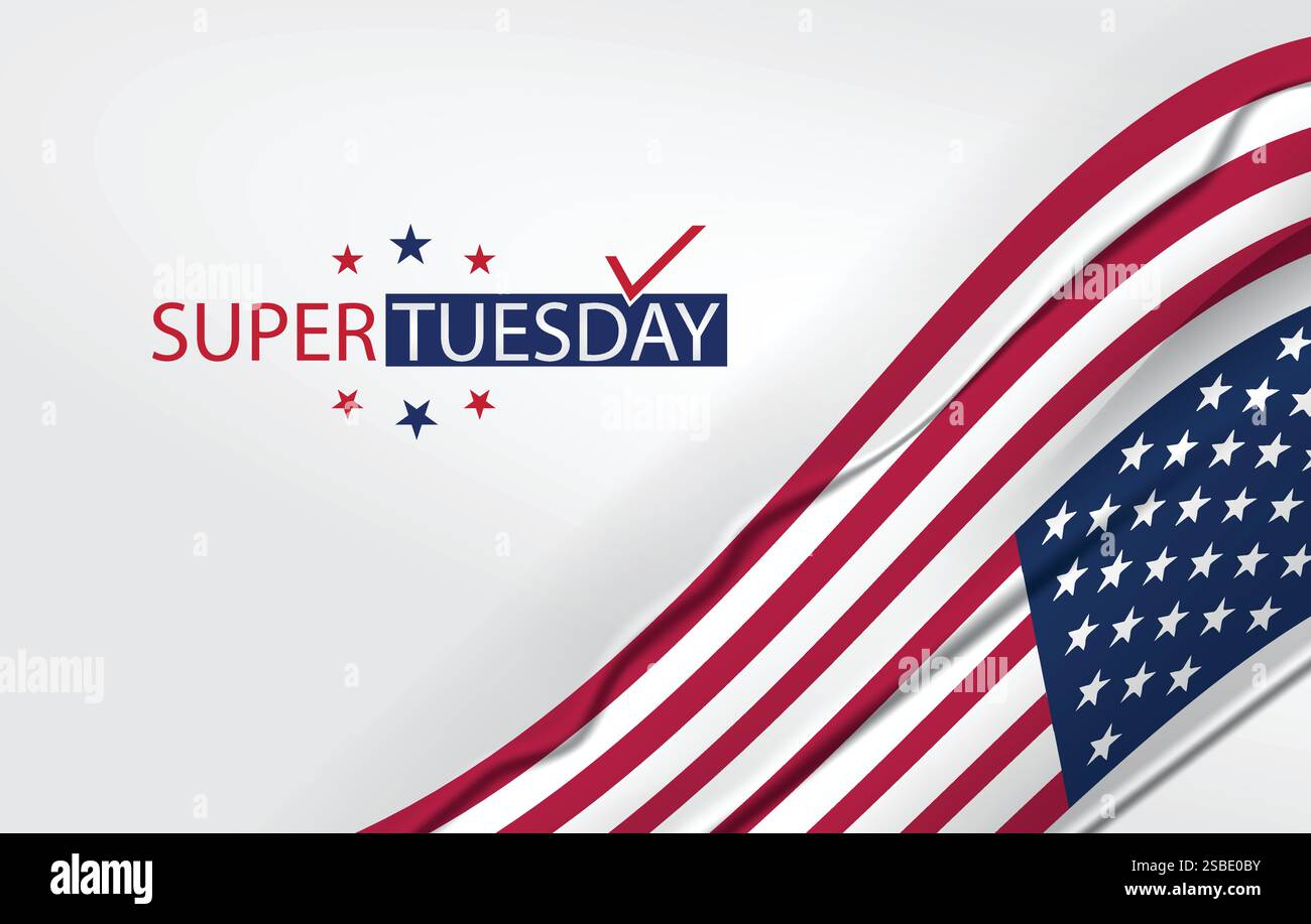 Una grafica patriottica per le elezioni del Super Tuesday con testo rosso, bianco e blu con un segno di spunta Illustrazione Vettoriale