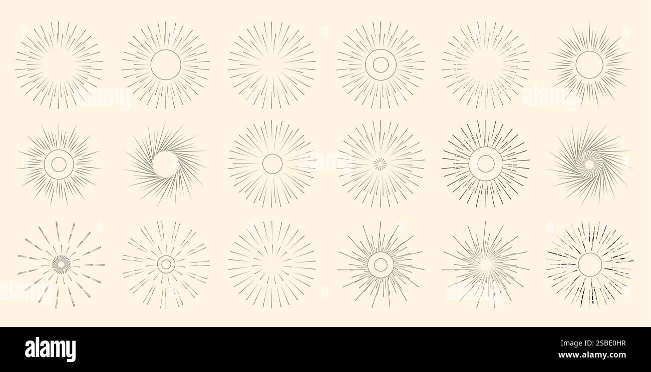 Set clipart icona disegno solare. Collezione di clip art d'epoca radiali retrò Sunburst con logo astratto dei raggi solari simbolo grafico illustrazione vettoriale. Illustrazione Vettoriale