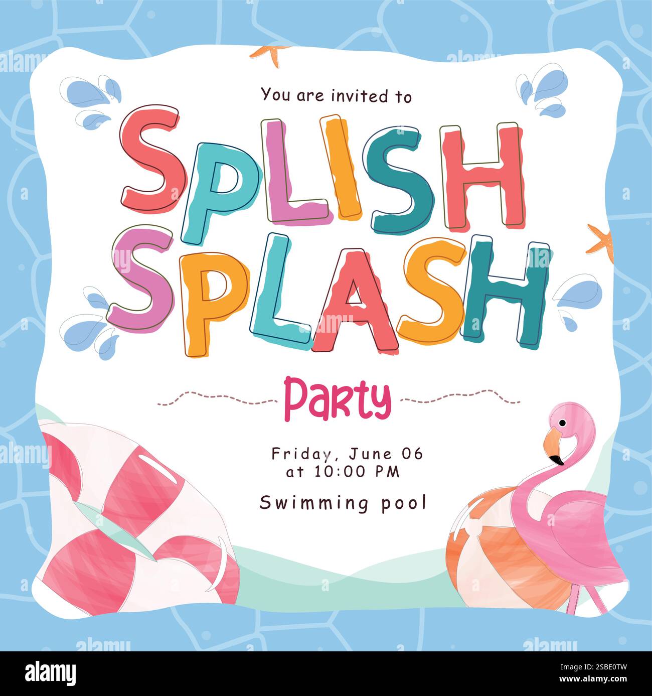 Biglietto d'invito per la festa Splish Splash. Splish splash text clip art con elementi grafici spiaggia in illustrazione vettoriale astratta blu. Illustrazione Vettoriale