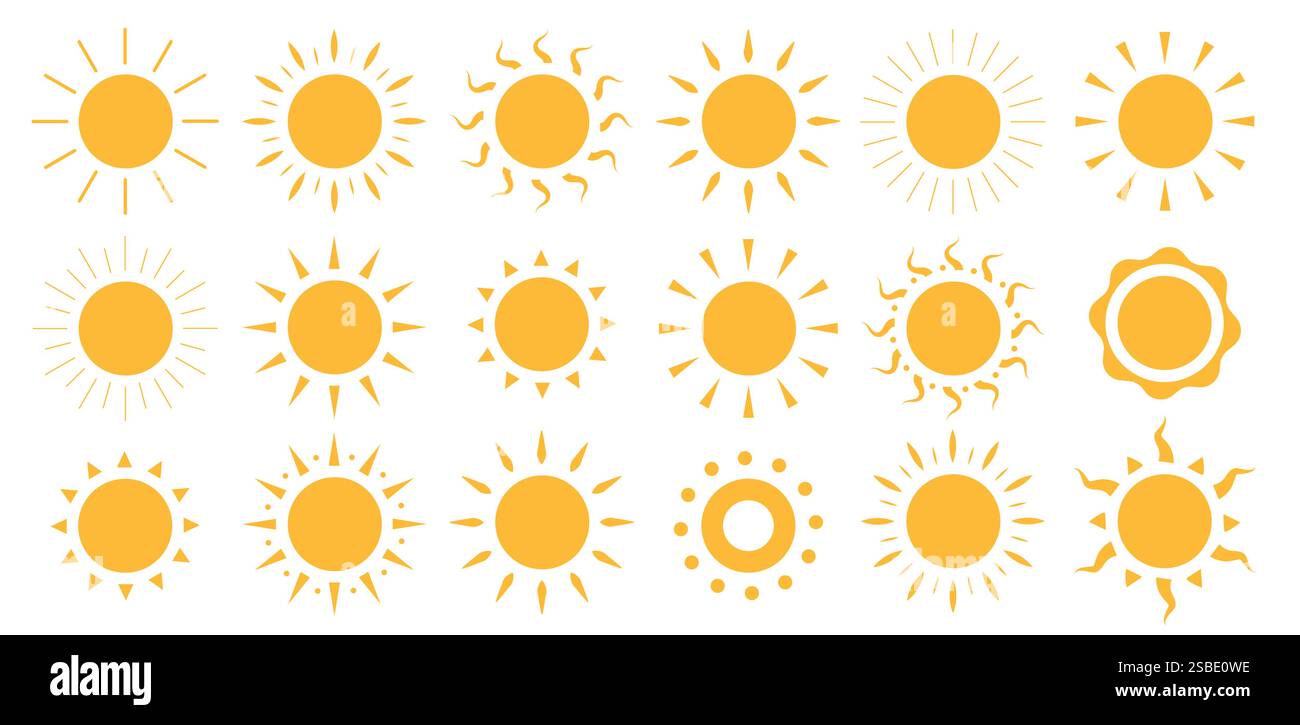 Set clipart icona Sole. Logo solare giallo e illustrazione vettoriale clip art della collezione di simboli elementi semplici con una varietà di raggi solari in una grafica piatta Illustrazione Vettoriale