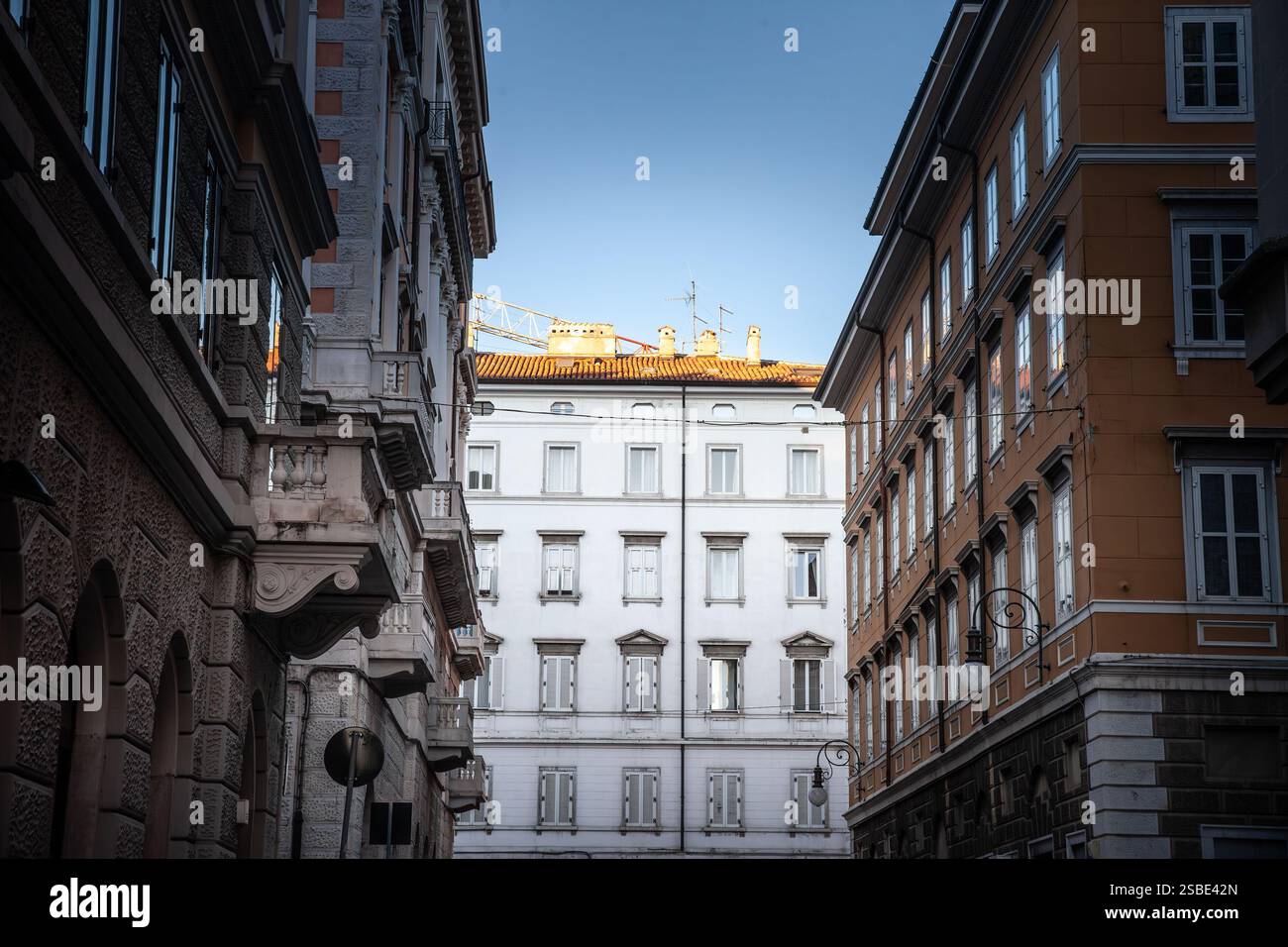 Edifici residenziali in una strada nel trafficato centro cittadino. Le facciate eleganti e l'architettura classica sottolineano l'attrattiva di Trieste per la proprieta' e per il meglio Foto Stock