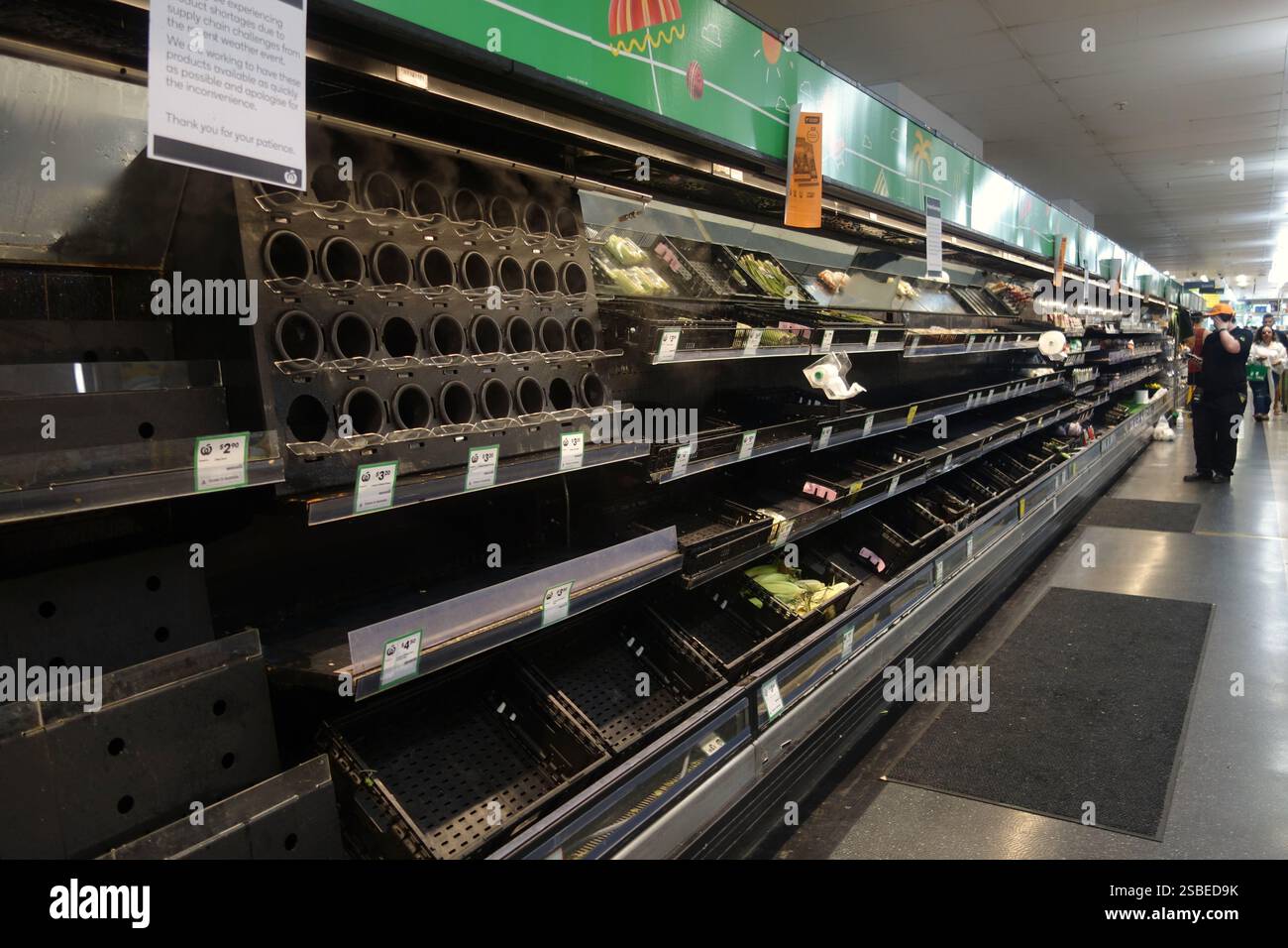Scaffali vuoti del supermercato a causa di eventi meteorologici estremi che interrompono le catene di approvvigionamento, nel nord del Queensland, Australia. No MR o PR Foto Stock