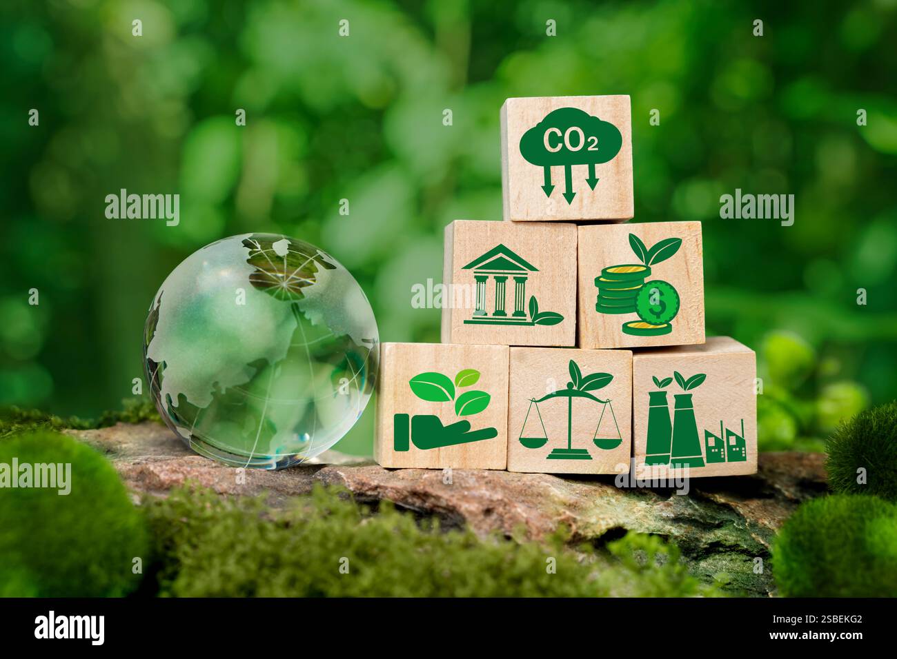 Blocco di legno con icone di legge ambientale. Concetto di diritto internazionale protezione dell'ambiente, valutazione dell'impatto ambientale, diritto ecologico, e Foto Stock