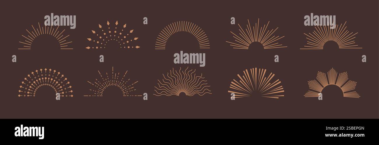 Set clipart con logo Sunburst. Collezione vintage di icone e simboli di clip art a metà sole con illustrazione vettoriale dei raggi solari radiali al tramonto su sfondo scuro Illustrazione Vettoriale