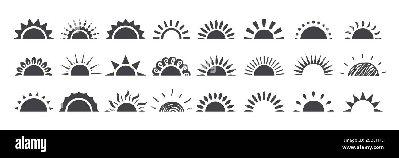 Set clipart icona metà sole. Clip per il sole nero con una varietà di raggi solari nelle calde luci estive dell'alba e del tramonto immagine vettoriale della collezione di logo piatto. Illustrazione Vettoriale