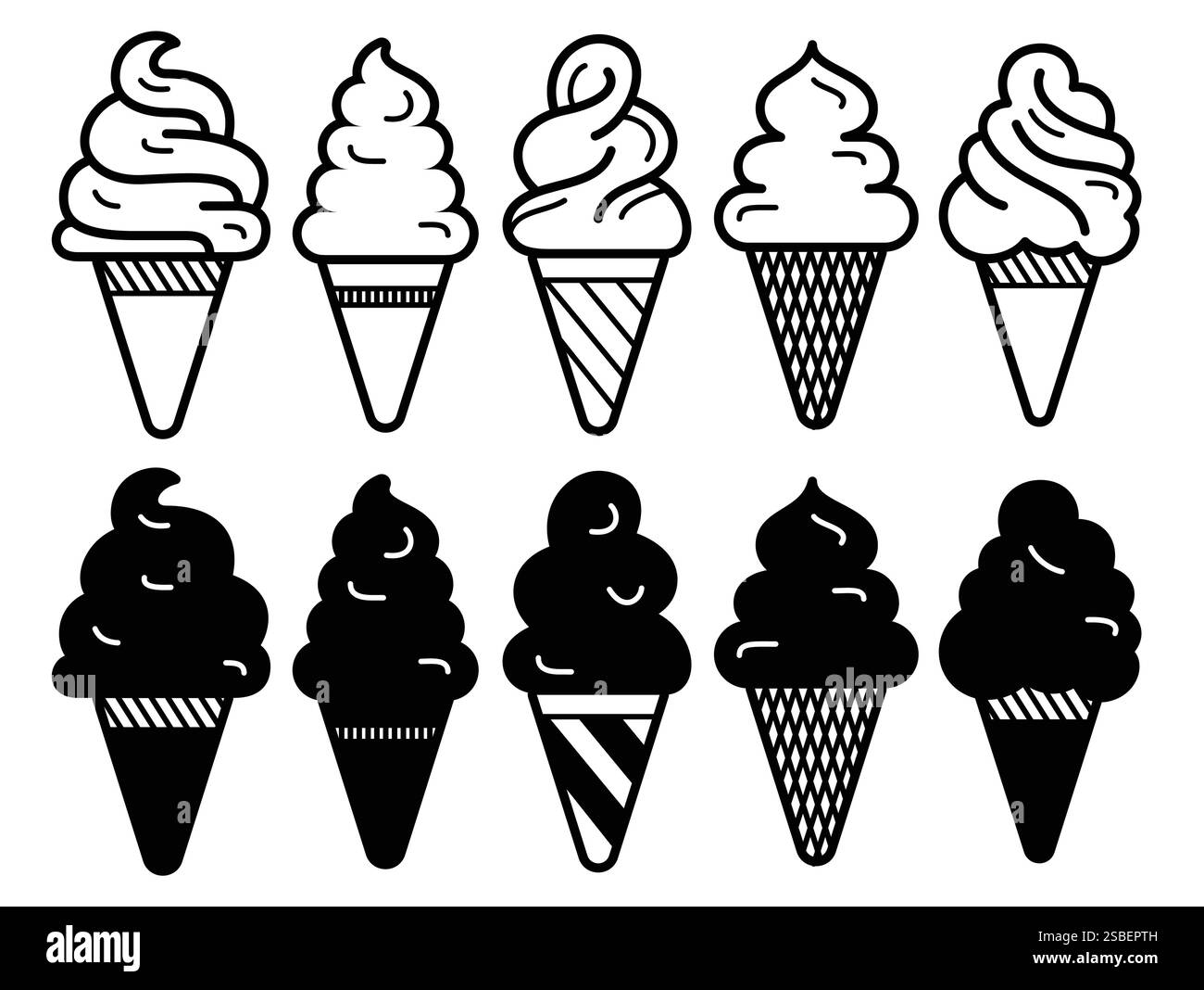 Set clipart icona silhouette gelato. Clip art con cono per gelato dolce in stile lineare con pittogramma e illustrazione vettoriale della collezione estiva Illustrazione Vettoriale