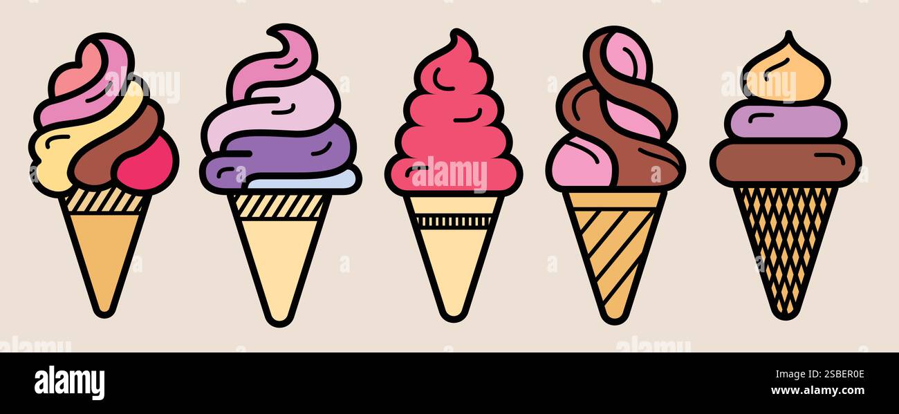 Set clip cono gelato. Clip art per gelato dai colori dolci con contorno nero, illustrazione vettoriale, collezione estiva in stile pittogramma per dessert. Illustrazione Vettoriale