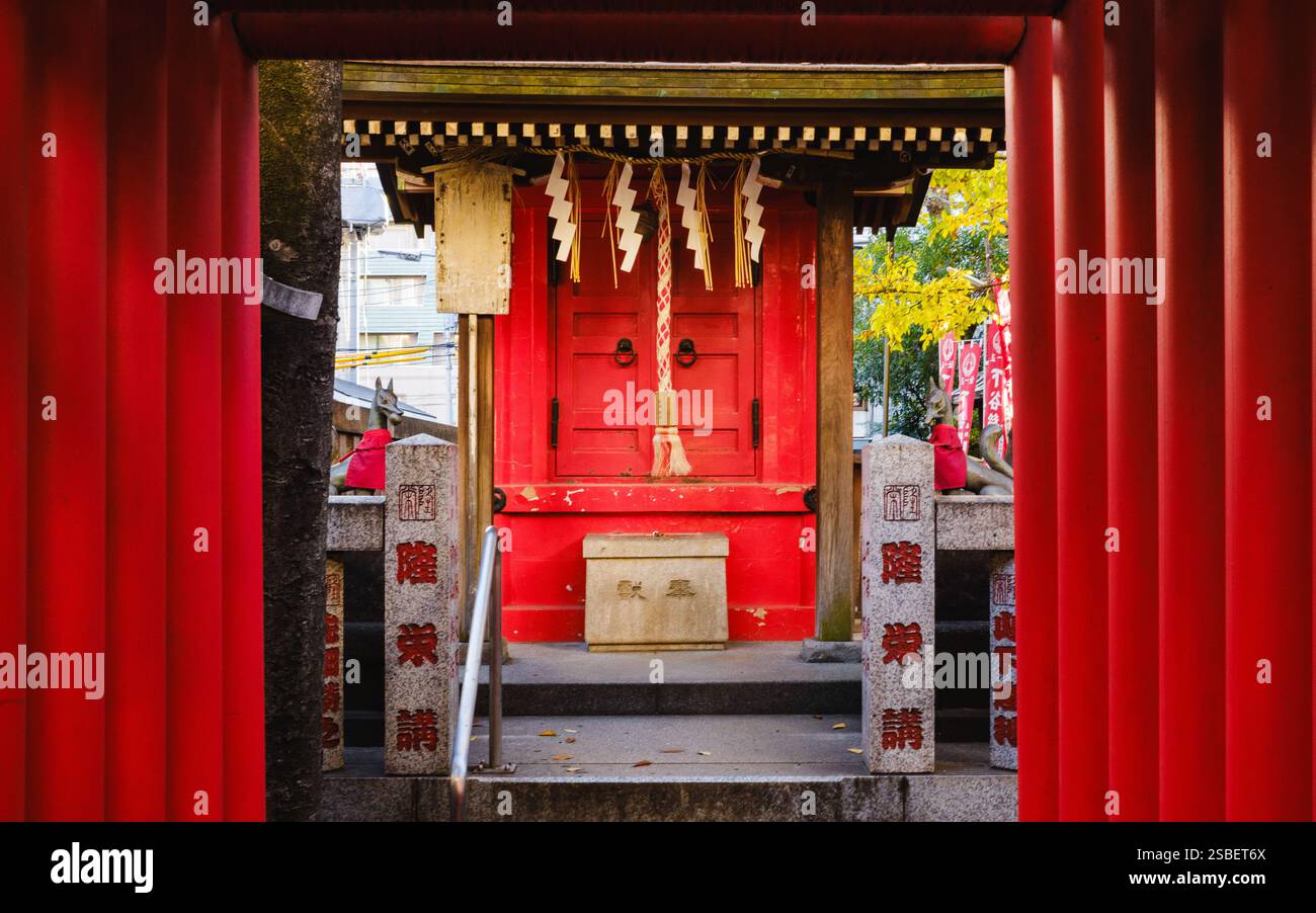 Ryueiinari-jinja, un piccolo santuario Inari a Higashi-Ueno, Taito Ward, Tokyo, presenta le caratteristiche porte torii vermiglio che conducono verso l'alto Foto Stock