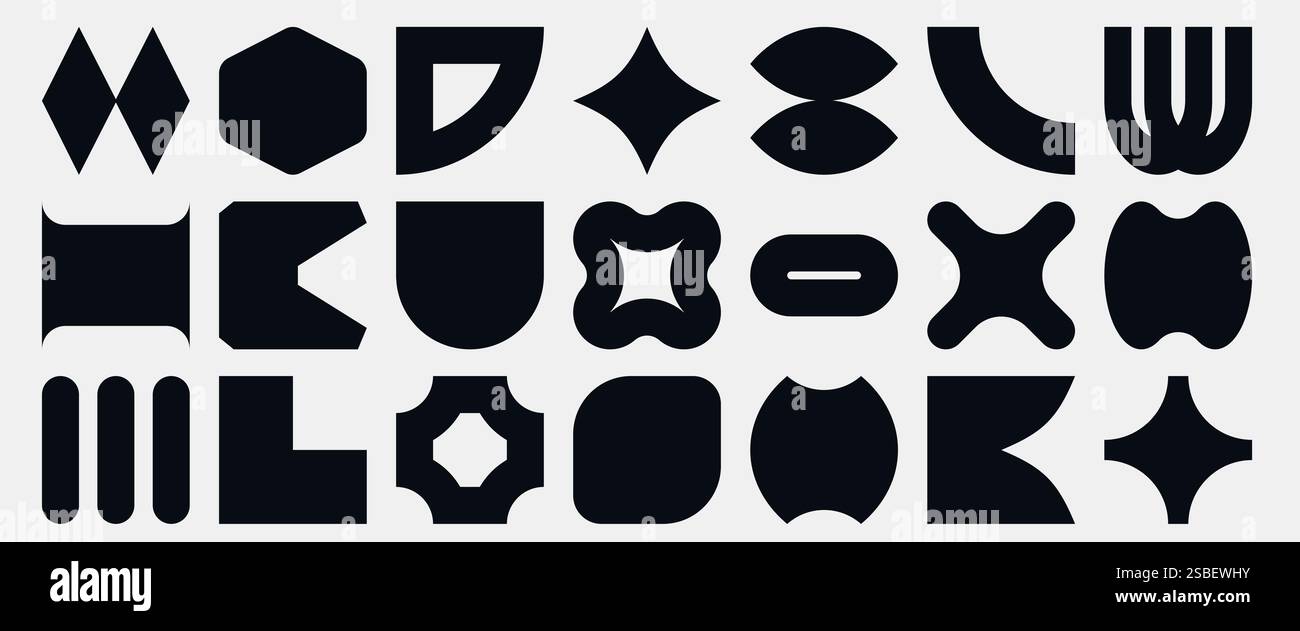 Collezione di forme geometriche nere. Set di elementi trendy e retrò brutalisti. Illustrazione Vettoriale