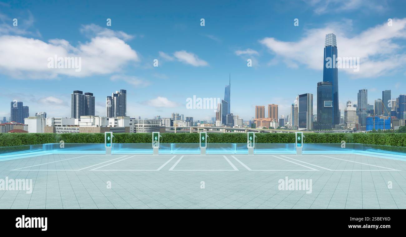 Stazione di ricarica per veicoli elettrici che promuove soluzioni di trasporto sostenibili e di energia pulita per un futuro più ecologico nell'ambiente urbano. Rendering 3D. Foto Stock