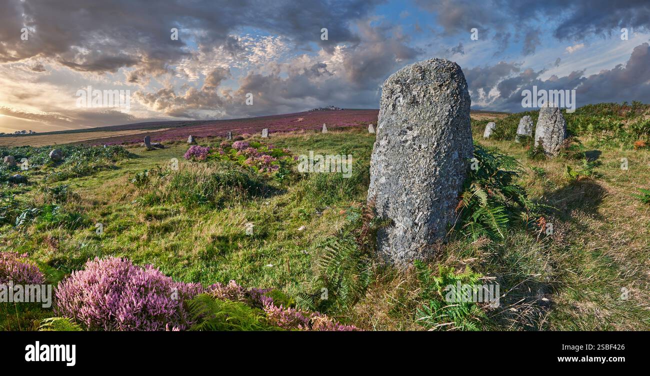 Foto del Tregeseal East Standing Stones Circle, vicino a St Just, Cornovaglia Inghilterra. Il Tregeseal East Standing Stones Circle ha diciannove graniti ston Foto Stock