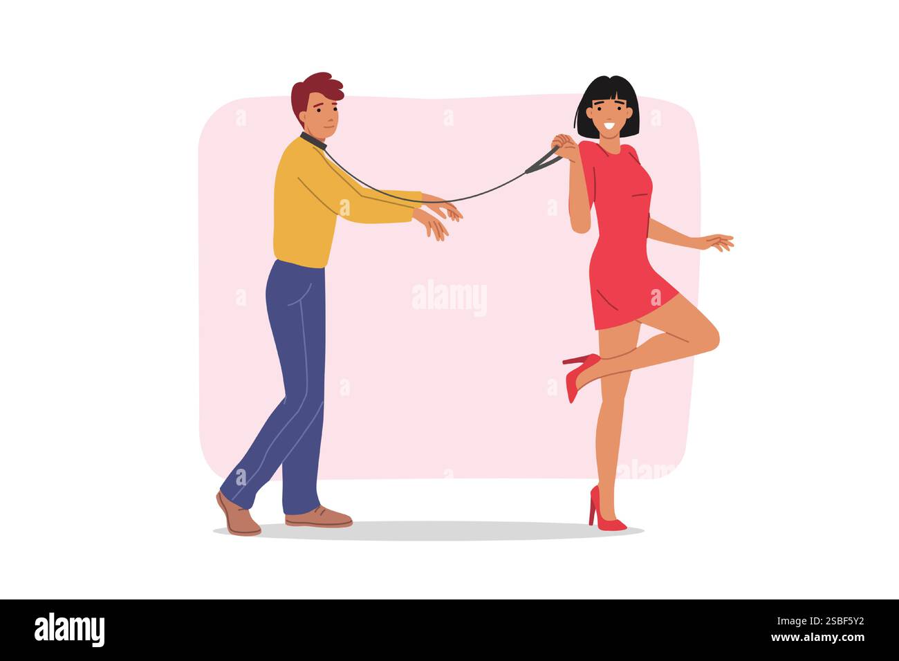 Relazione tossica tra uomo e donna che conduce il fidanzato al guinzaglio, mostrando il dominio Illustrazione Vettoriale