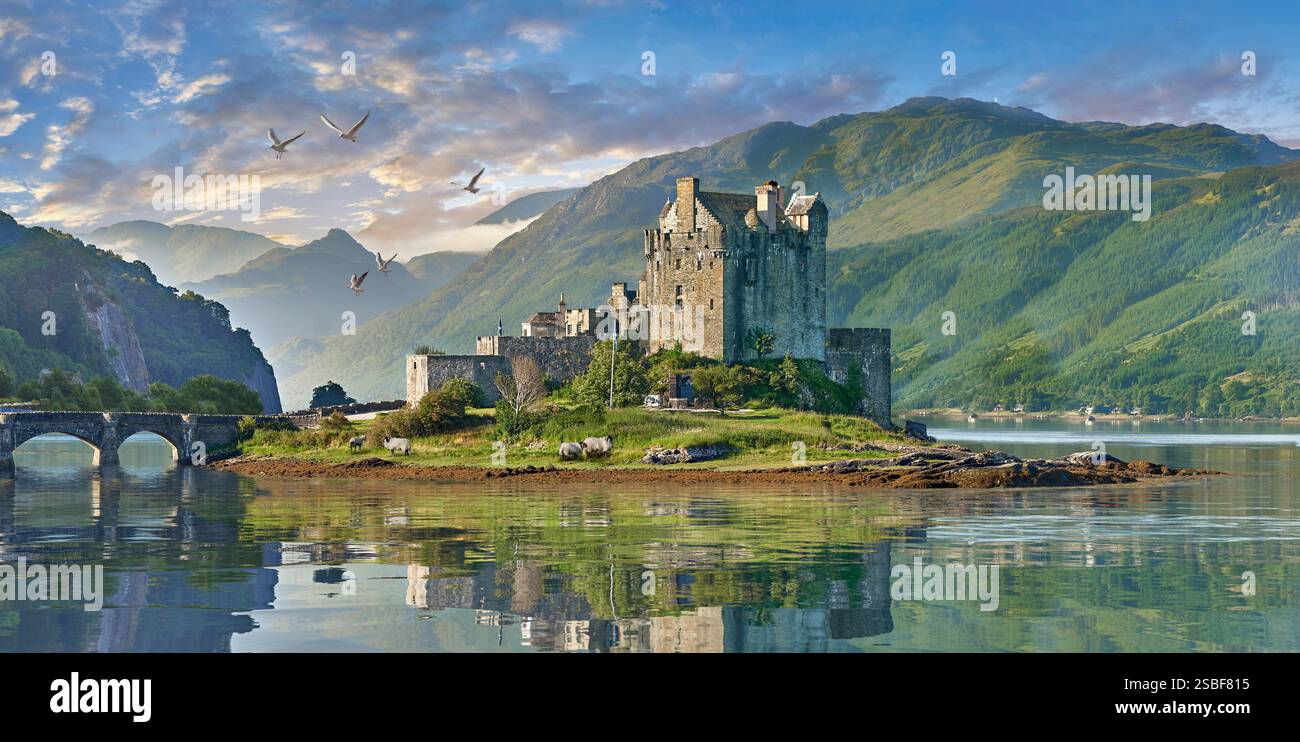 Il castello di Eilean Donan è costruito su una piccola isola di marea situata alla confluenza di tre laghi marini (Loch Duich, Loch Long e Loch Alsh) nel W Foto Stock
