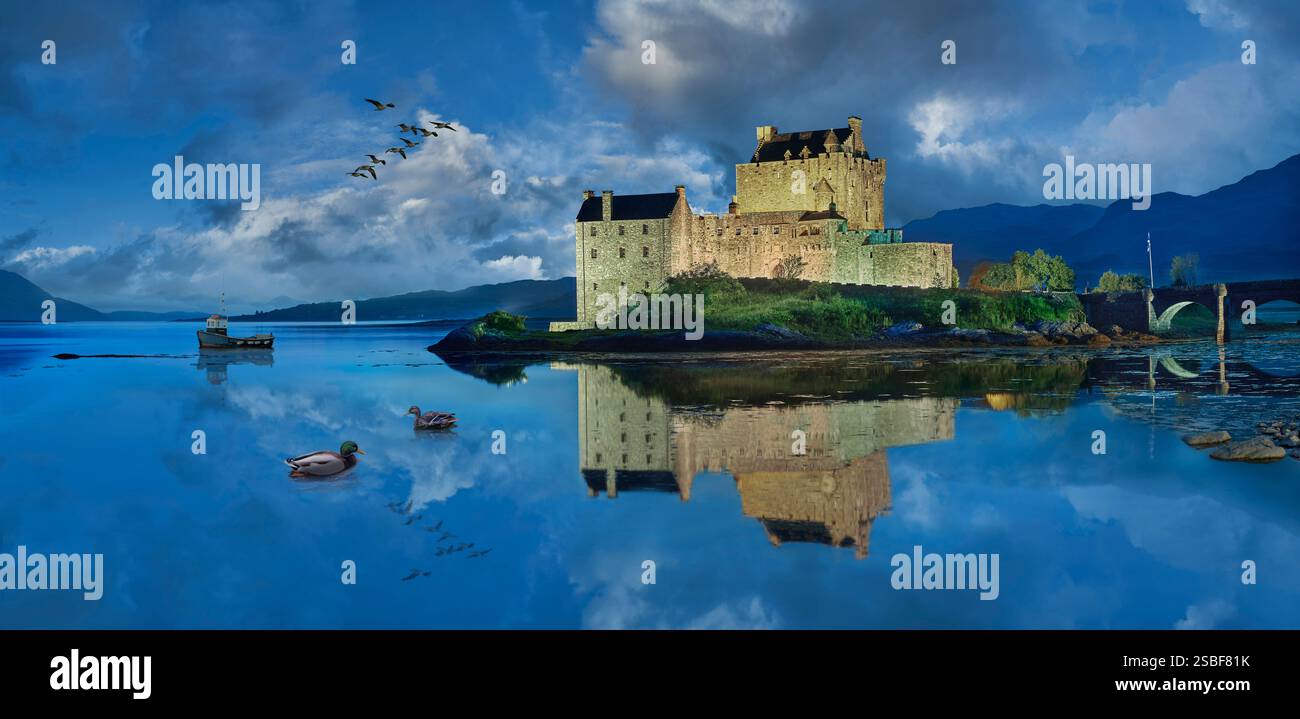 Il castello di Eilean Donan è costruito su una piccola isola di marea situata alla confluenza di tre laghi marini (Loch Duich, Loch Long e Loch Alsh) nel W Foto Stock