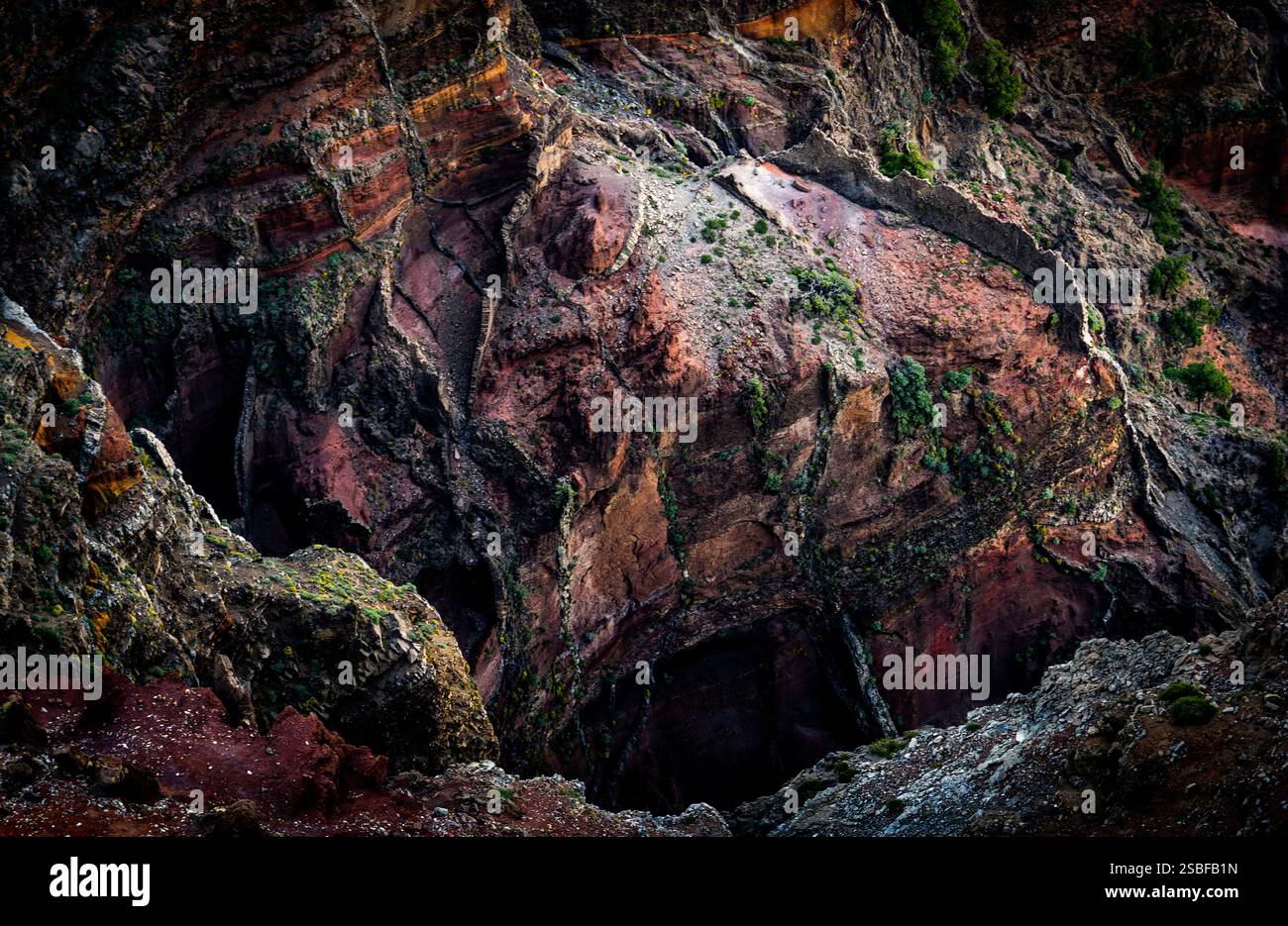 Vista aerea di un canyon aspro con formazioni rocciose colorate e vegetazione. La consistenza delle rocce varia, mostrando strati di tonalità della terra e gre Foto Stock