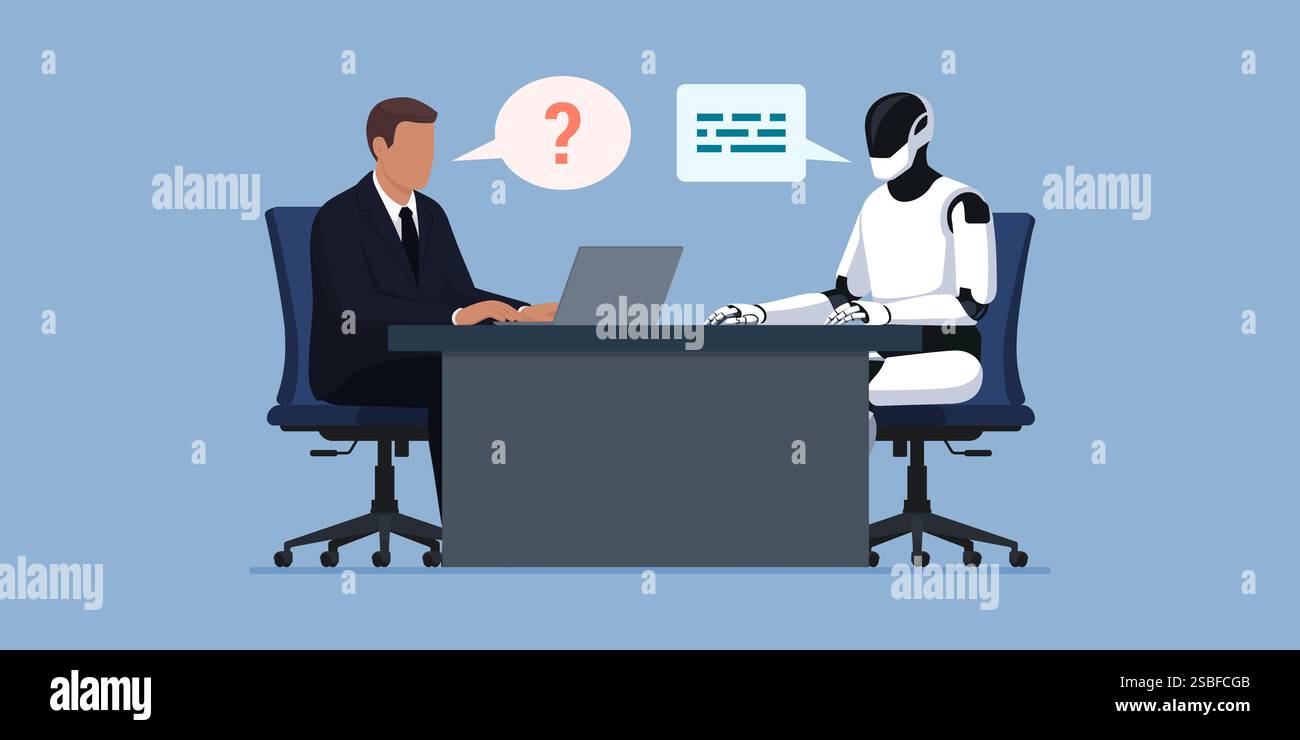 Uomo d'affari aziendale e robot umanoide ai seduto alla scrivania e lavorando insieme Illustrazione Vettoriale