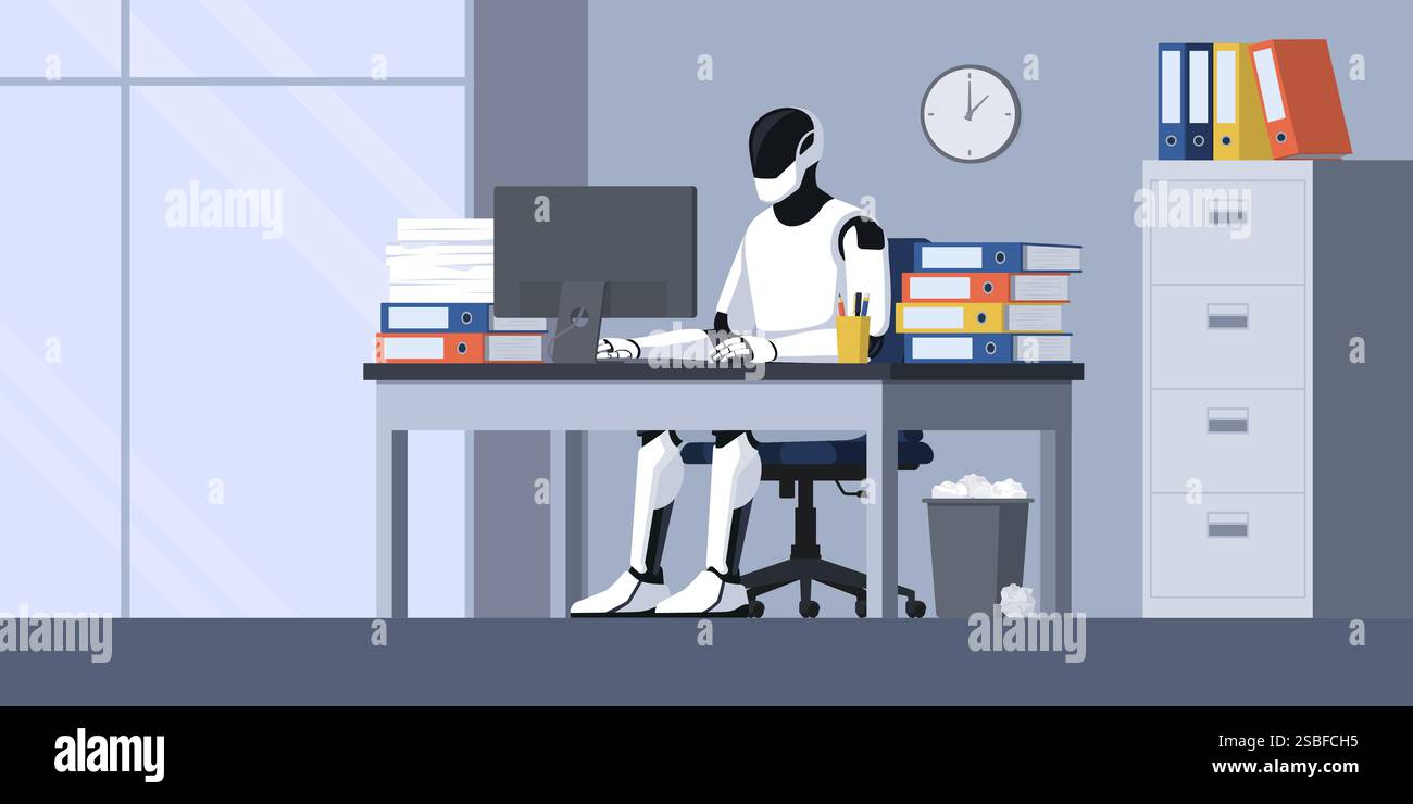 Robot di intelligenza artificiale umanoide creativo efficiente seduto alla scrivania dell'ufficio e concetto di lavoro, automazione e intelligenza artificiale Illustrazione Vettoriale