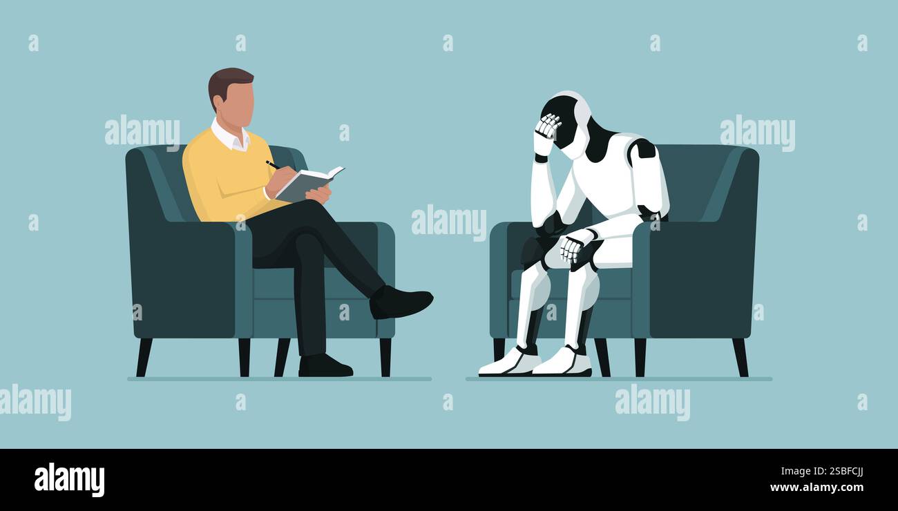 Psicologo professionista che parla con un robot IA depresso, concetto di psicologia artificiale Illustrazione Vettoriale