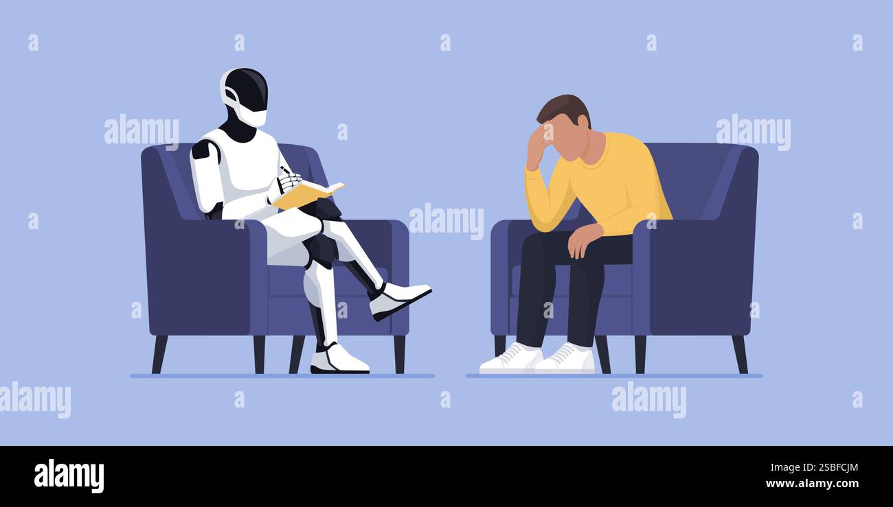 Robot umanoide psicologo ai che parla con un paziente triste depresso, intelligenza artificiale e psicologia Illustrazione Vettoriale