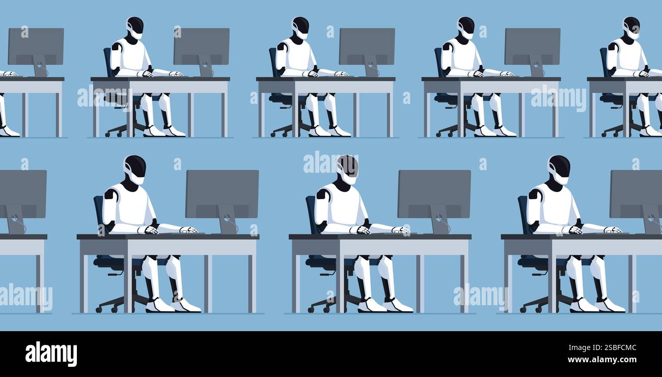 Molti robot umanoidi efficienti seduti alle scrivanie e che lavorano, attività ripetitive e concetto di intelligenza artificiale Illustrazione Vettoriale
