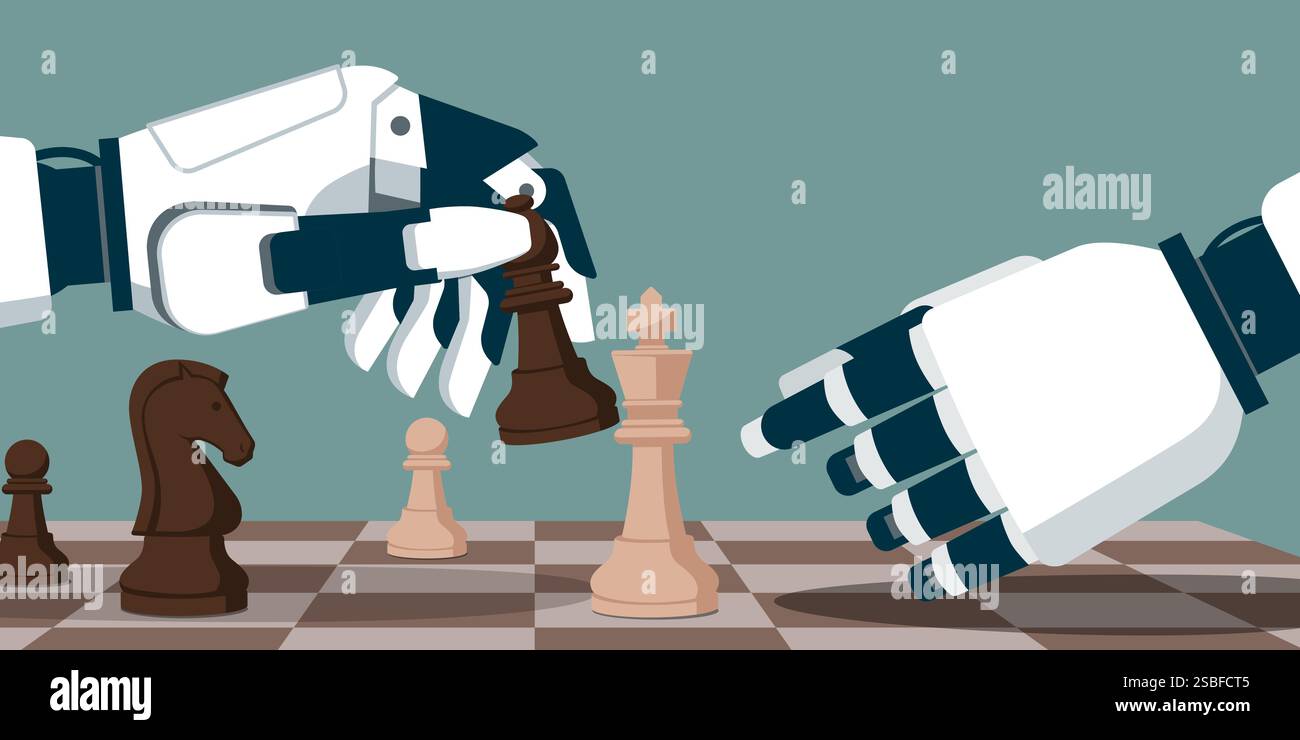 Robot AI che giocano a scacchi insieme, uno è l'accoppiamento a scacchi dell'avversario: Intelligenza artificiale e concetto di gioco Illustrazione Vettoriale