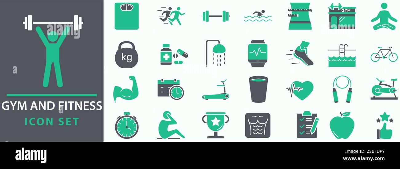 Set di icone palestra e fitness. Contiene uno stile di vita sano, l'allenamento con il peso, la cura del corpo e le icone di allenamento o dell'attrezzatura per l'esercizio fisico. Impostare le icone di raccolta vettoriale Illustrazione Vettoriale