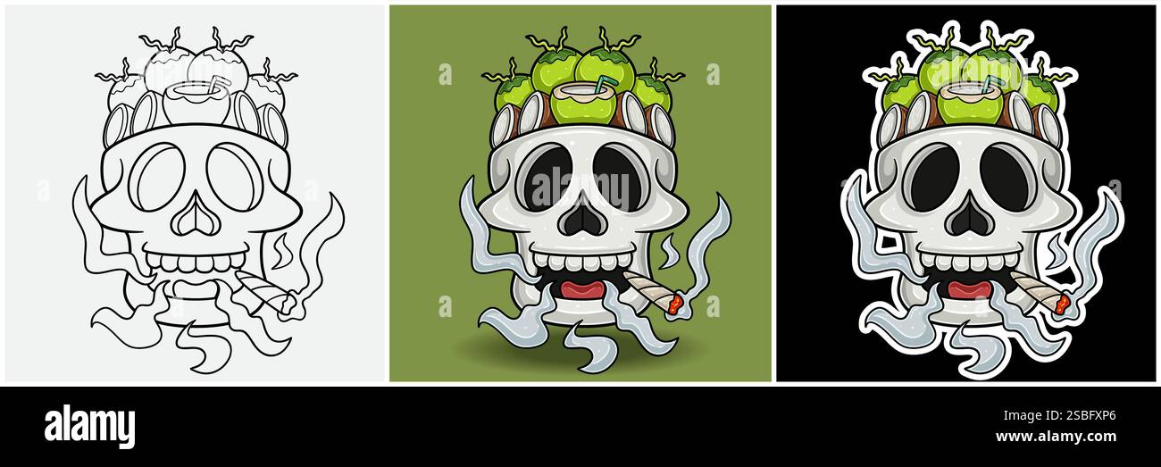 Frutta di cocco all'interno della testa del teschio con fumatore personaggio Cartoon. Bianco e nero, colorato e stile adesivo. Per stampa T-shirt, Logo del marchio, etichetta e mascherina Illustrazione Vettoriale
