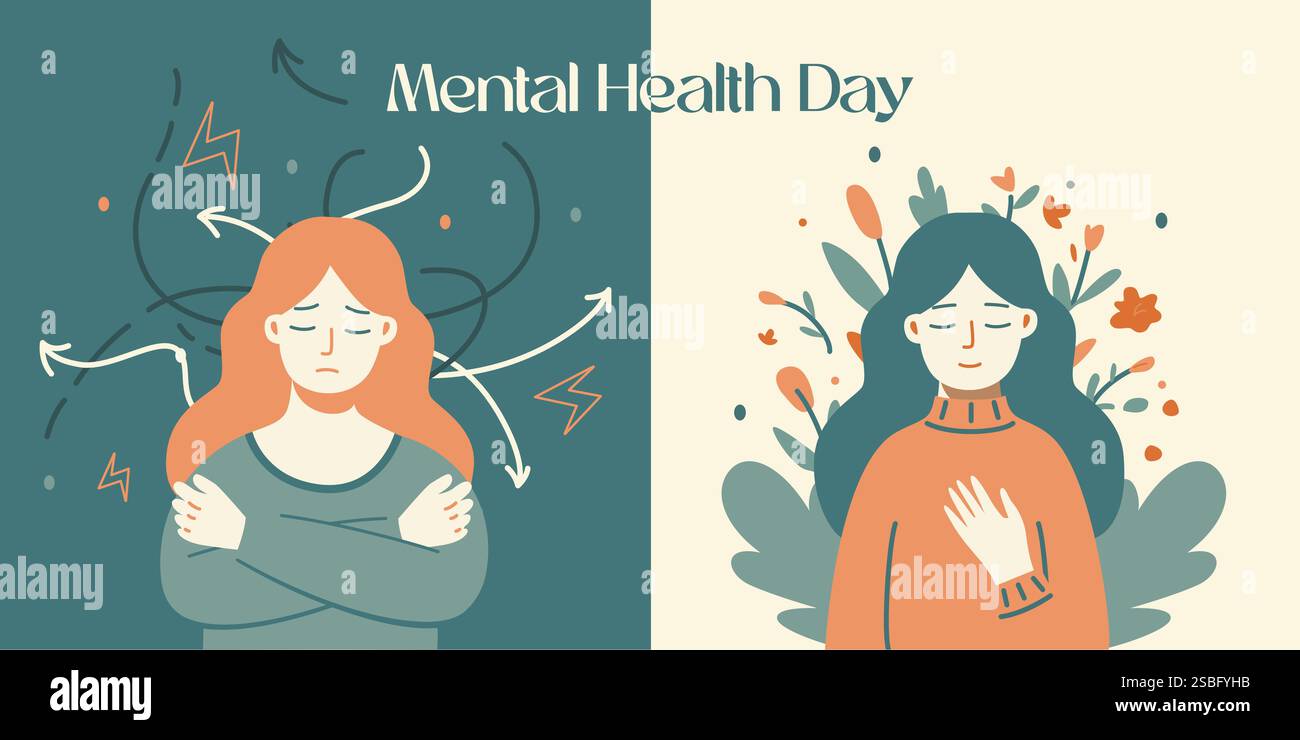 Banner della giornata della salute mentale. Banner vettoriale con illustrazioni che mostrano diversi stati psicologici. La ragazza prima si sente confusa e ansiosa, poi si sente c Illustrazione Vettoriale